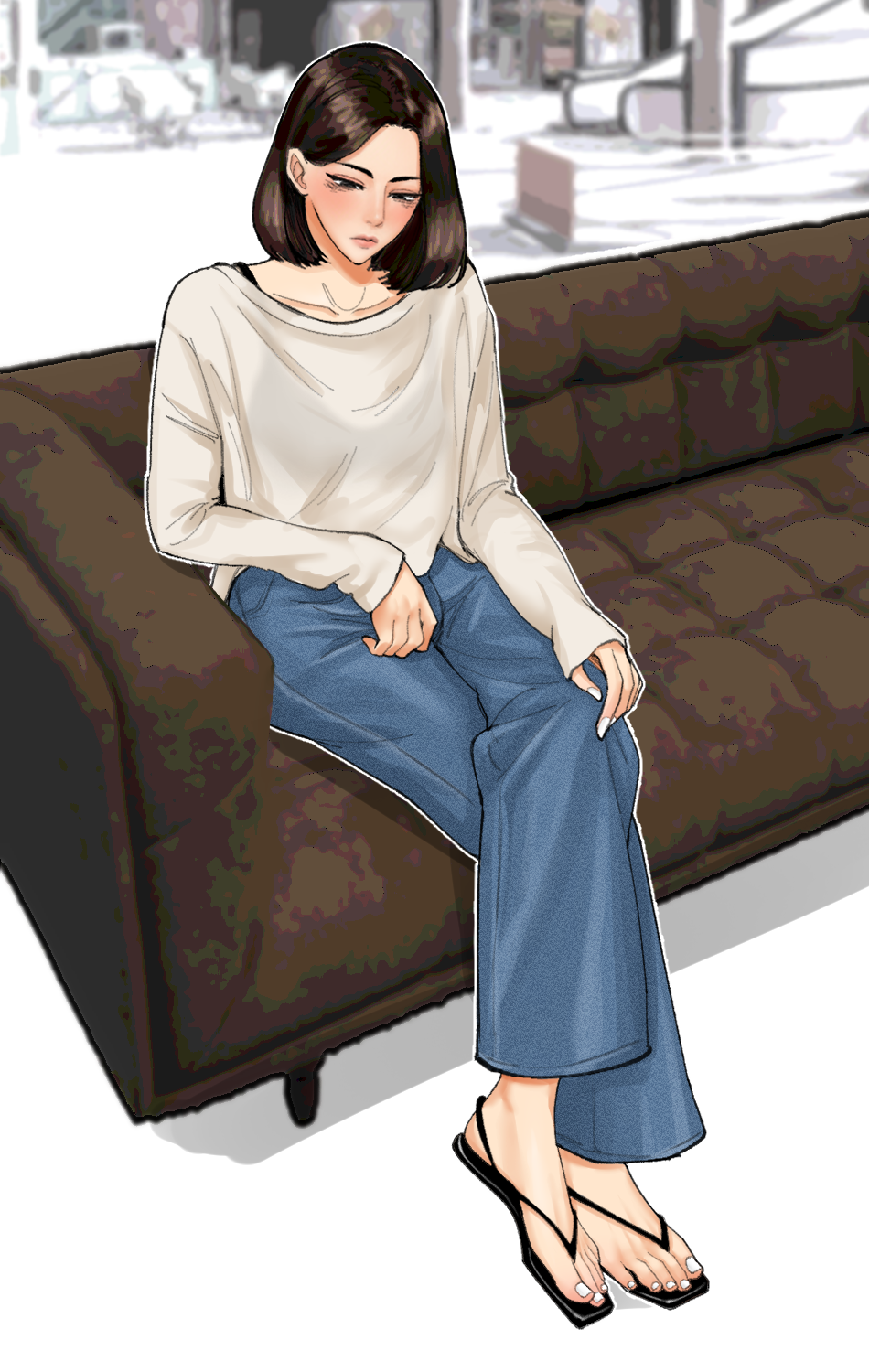 emmi, highres, 1girl, brown eyes, brown hair, couch, crossed legs, feet, medium hair, sandals, toes
