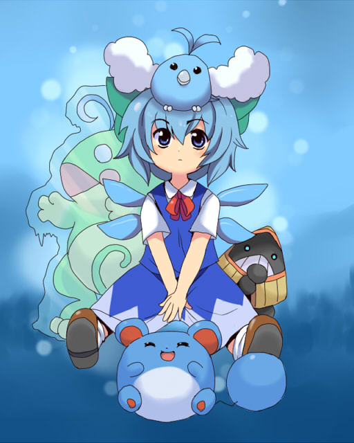 toto (hitori othello), cirno, marill, politoed, snorunt, swablu, nintendo, pokemon, touhou, 1girl, blue eyes, blue hair, crossover, dress, female focus, frozen, full body, gen 2 pokemon, gen 3 pokemon, gradient background, matching hair/eyes, pokemon (creature), short hair