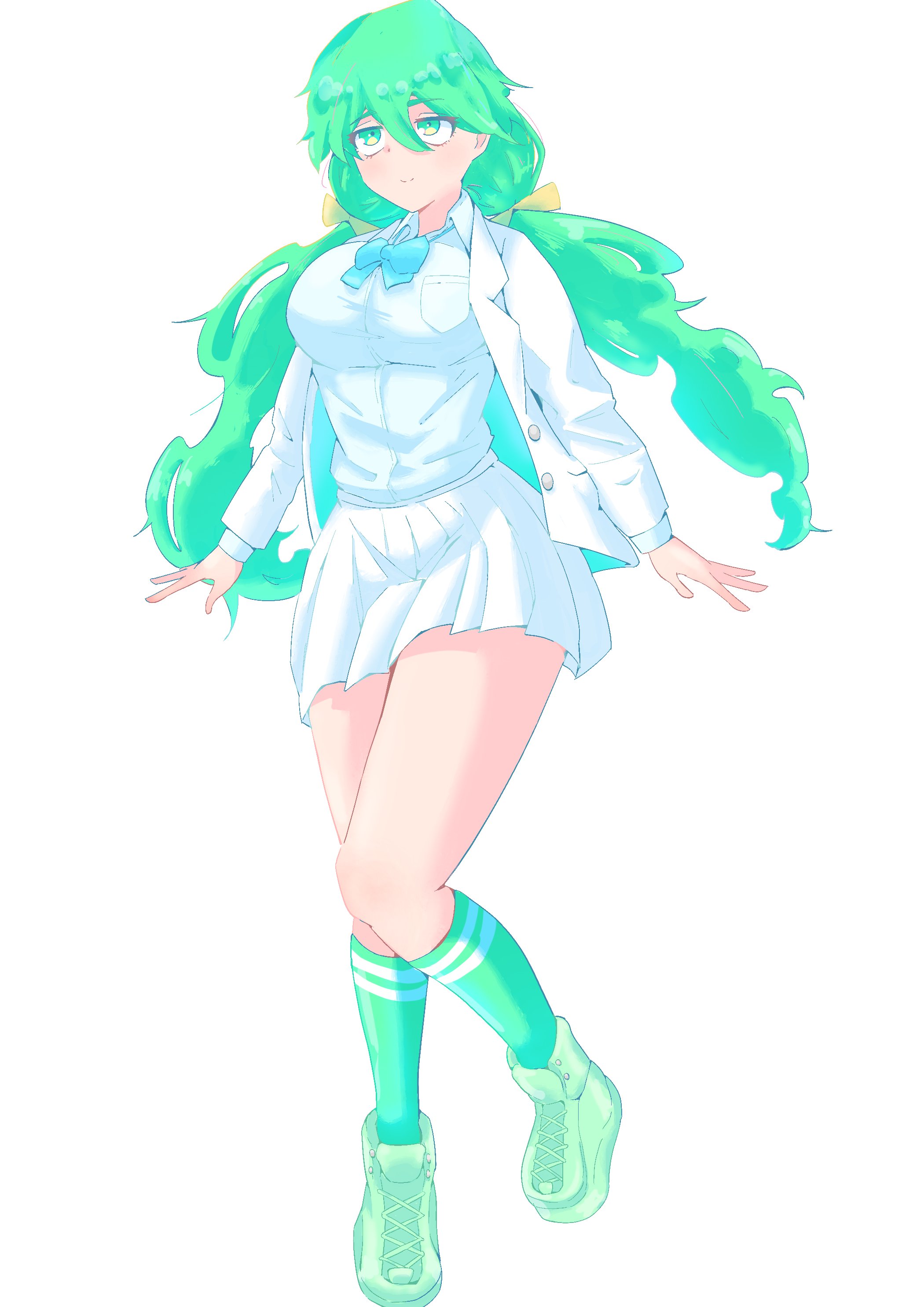 spinosaur1111, nelliel tu odelschwanck, bleach, 1girl, breasts, green eyes, green hair, large breasts, long hair, official alternate costume, skirt, solo, twintails