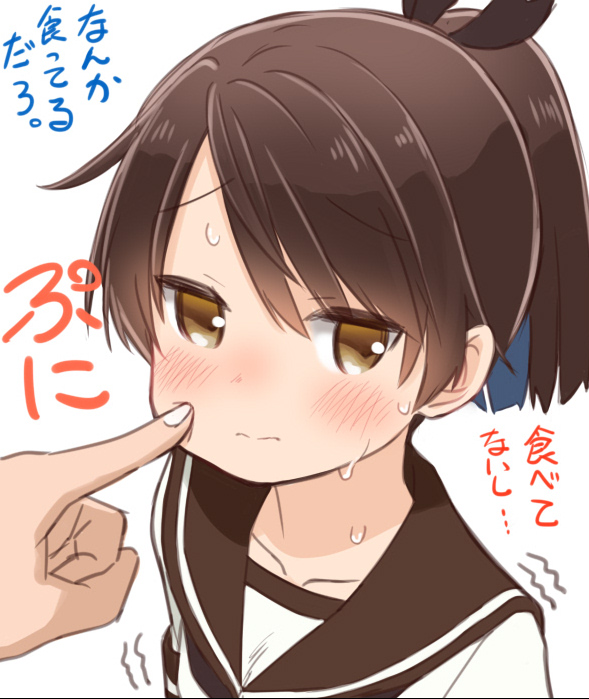 retsumaru, shikinami (kancolle), kantai collection, commentary request, translation request, 1girl, 1other, brown eyes, brown hair, brown sailor collar, cheek poking, poking, ponytail, sailor collar, shirt, short hair, simple background, solo focus, upper body, white background, white shirt