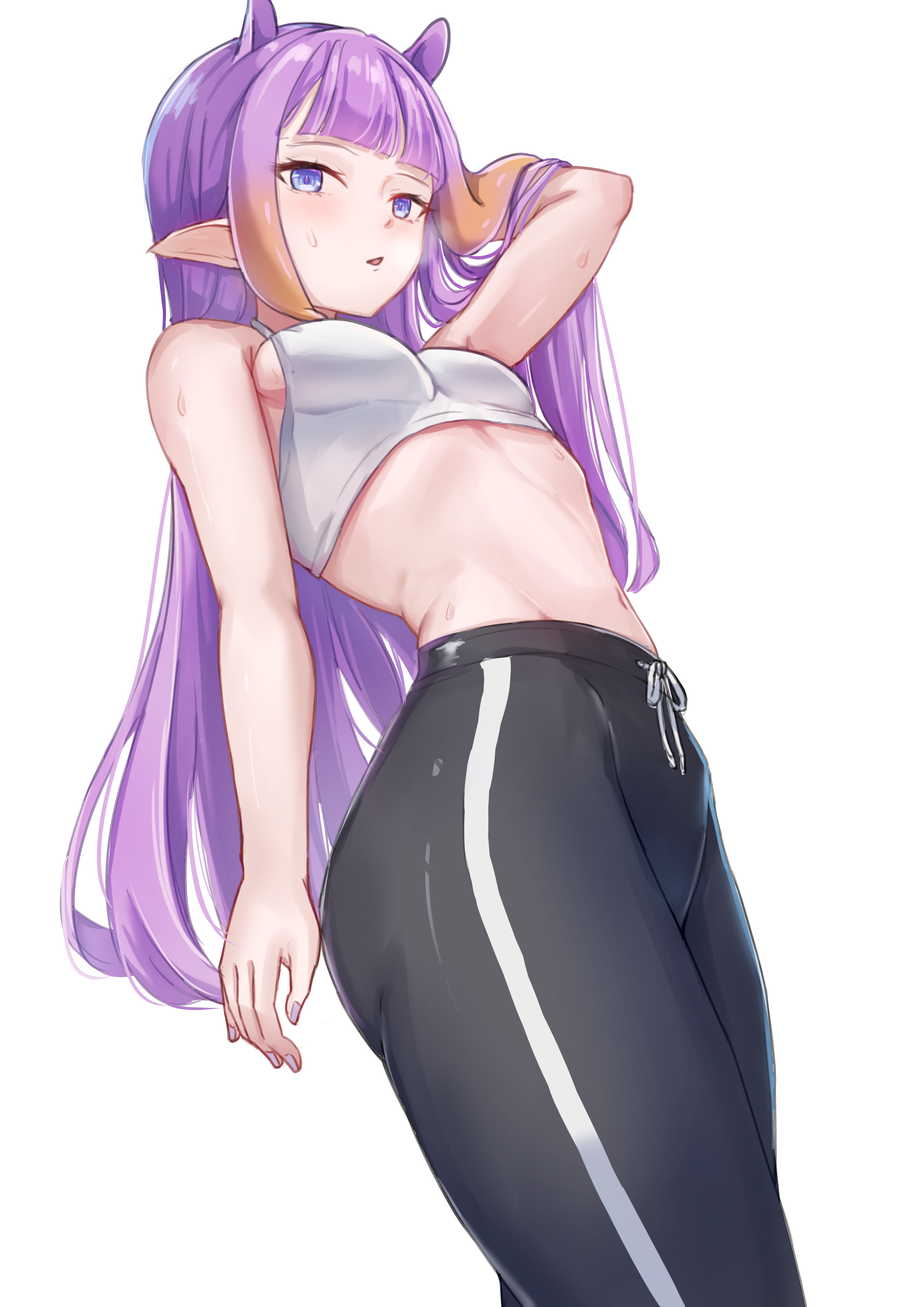 user dwfx8458, ninomae ina'nis, hololive, hololive english, absurdres, commentary, highres, 1girl, alternate costume, arm up, black pants, breasts, cropped shirt, long hair, looking at viewer, pants, pointy ears, purple eyes, purple hair, shirt, small breasts, solo, tentacle hair, very long hair, virtual youtuber, white background, white shirt