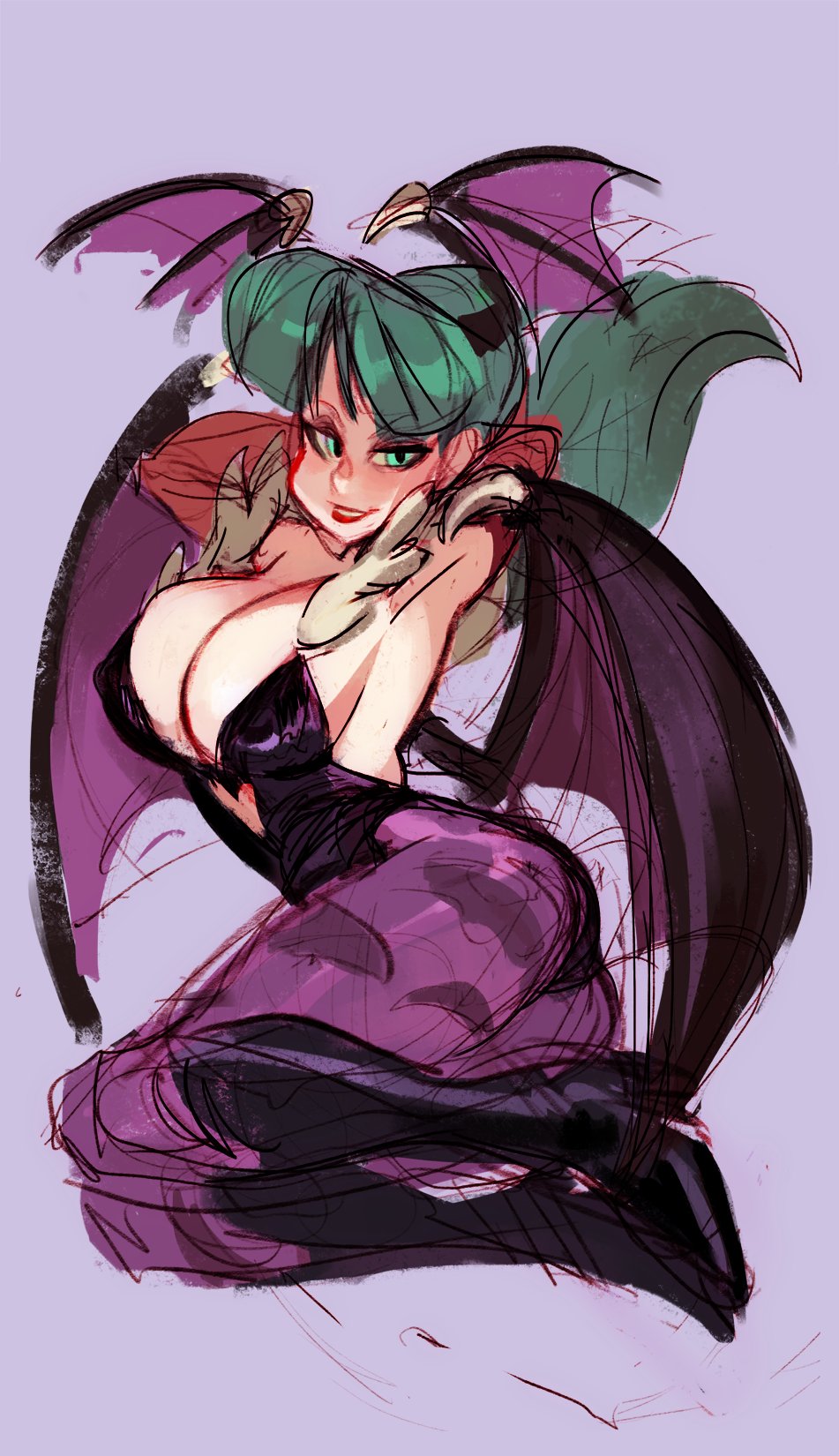 alex ahad, morrigan aensland, capcom, darkstalkers, black leotard, breasts, cleavage, clothing cutout, demon girl, green eyes, green hair, head wings, heart cutout, high heels, large breasts, leotard, lipstick, long hair, makeup, pantyhose, purple pantyhose, smile, strapless, strapless leotard, wings