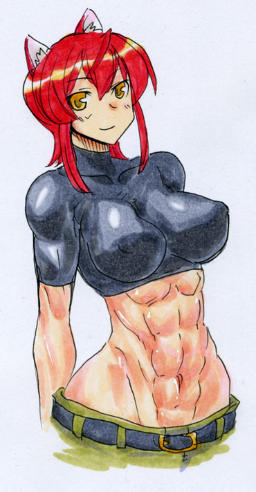 kikuta, riza wildman, kaibutsu oujo, 00s, abs, animal ears, midriff, muscular, red hair