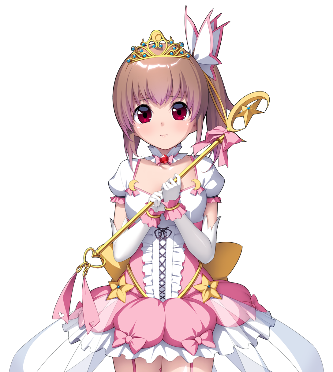 nanao (mahaya), ochite iku seisenshi lunatic angels, game cg, highres, large variant set, non-web source, official art, variant set, 1girl, bow, breasts, brown hair, choker, closed mouth, cowboy shot, dress, elbow gloves, frilled dress, frills, garter straps, gloves, gradient hair, hair ornament, holding, holding wand, jewelry, looking at viewer, lunatic angel, magical girl, multicolored hair, pink bow, pink dress, pink hair, pink ribbon, pink thighhighs, puffy short sleeves, puffy sleeves, red eyes, ribbon, shindou makina, short sleeves, side ponytail, simple background, skirt, solo, standing, thighhighs, tiara, transparent background, wand, white gloves, white thighhighs, zettai ryouiki