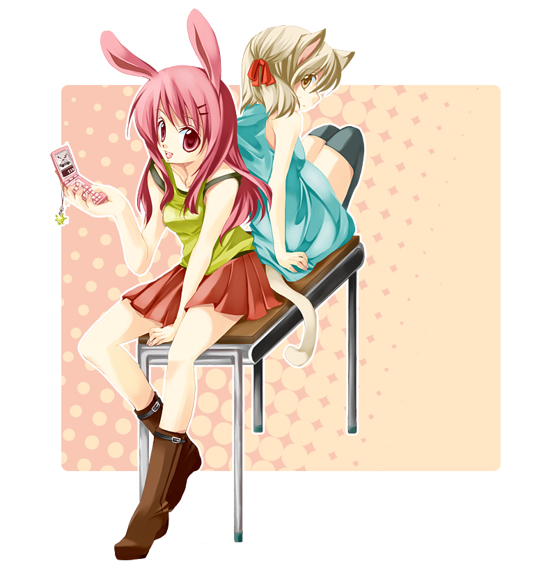 nyanmi-chan, usami-chan, gag manga biyori, bad id, bad pixiv id, 2girls, animal ears, back-to-back, blonde hair, camisole, cat ears, cellphone, dress, hair ornament, hairclip, long hair, multiple girls, phone, pink eyes, pink hair, rabbit ears, school uniform, short hair, sitting, skirt, yellow eyes