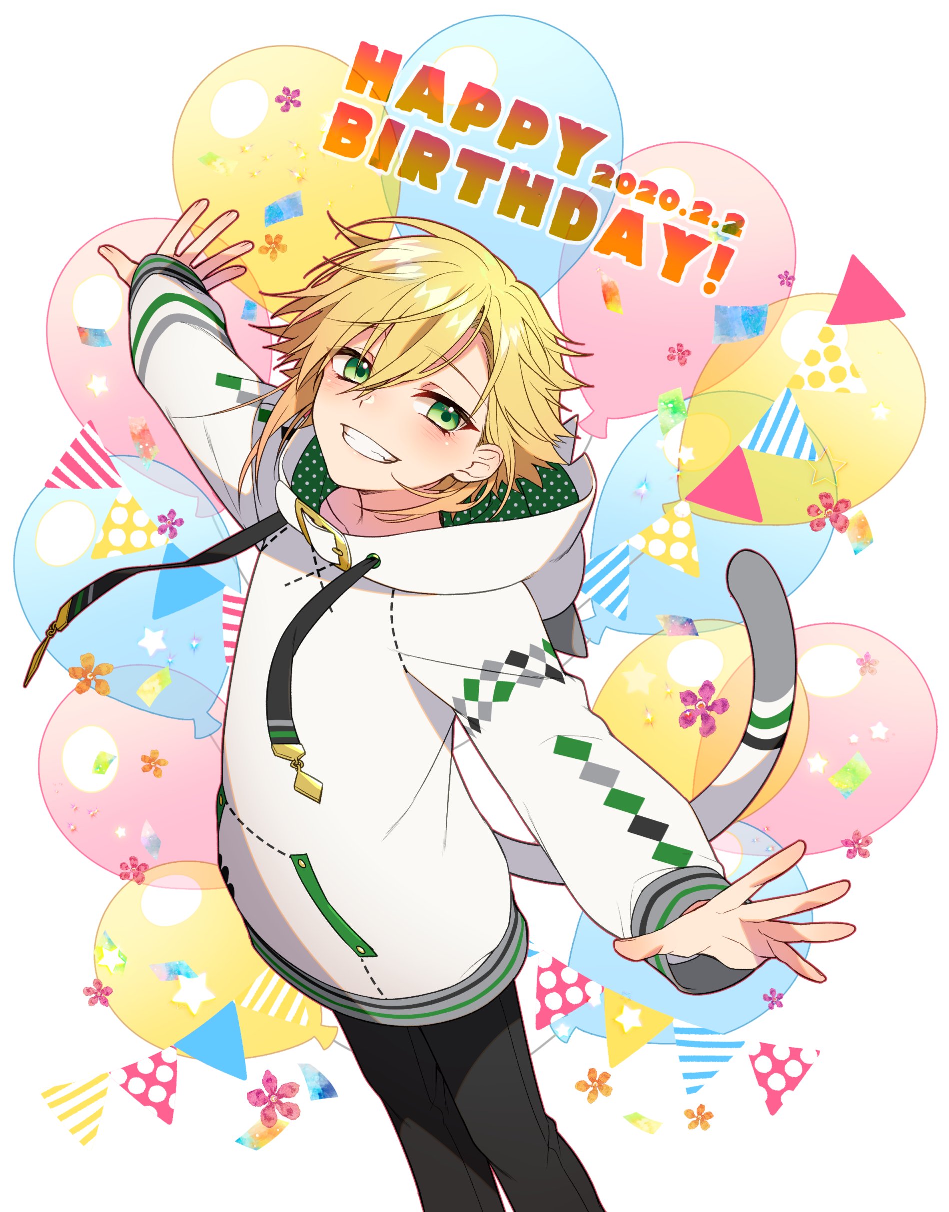 mise yuzuki, uzuki kou, uzuki kou (2nd costume), nijisanji, absurdres, highres, 1boy, balloon, blonde hair, blush, cat tail, drawstring, fake tail, feet out of frame, flipped hair, from above, from side, green eyes, green hoodie, grey pants, grin, hair between eyes, happy birthday, hood, hood down, hoodie, leaning back, long sleeves, looking at viewer, male focus, open hands, outstretched arms, pants, polka dot, polka dot hoodie, short hair, sidelocks, smile, solo, spread arms, standing, tail, two-sided fabric, virtual youtuber, white background, white hoodie