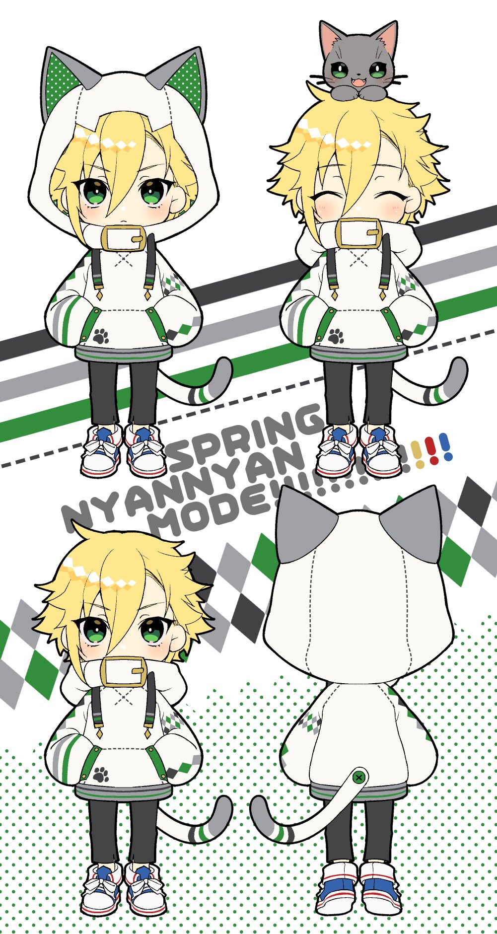mise yuzuki, uzuki kou, uzuki kou (2nd costume), nijisanji, highres, 1boy, :<, animal, animal ears, animal hood, animal on head, blonde hair, blue shoes, blush, cat, cat ears, cat hood, cat on head, cat tail, chibi, chibi only, drawstring, fake animal ears, fake tail, flipped hair, from behind, full body, green eyes, green hoodie, grey pants, hair between eyes, hands in pockets, hood, hood down, hood up, hoodie, long sleeves, looking at viewer, male focus, multiple views, no socks, on head, pants, polka dot, polka dot background, polka dot hoodie, shoes, short hair, sidelocks, smile, sneakers, standing, straight-on, tail, two-sided fabric, v-shaped eyebrows, virtual youtuber, white background, white hoodie