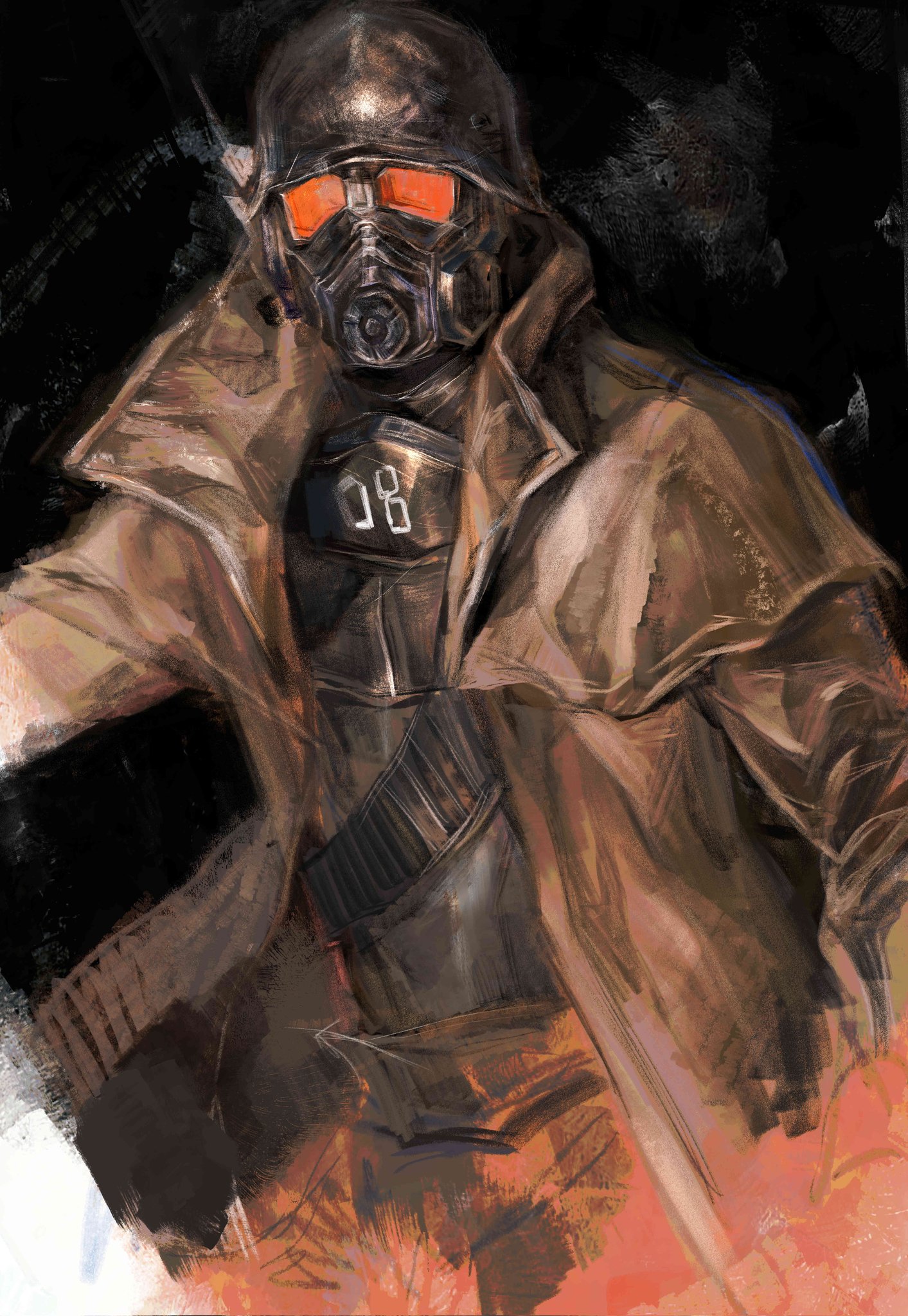 bullfrogsan, courier (fallout: new vegas), ncr veteran ranger, fallout, fallout: new vegas, highres, 1boy, bandolier, belt, brown coat, brown pants, bulletproof vest, coat, cowboy shot, duster coat, gas mask, helmet, male focus, mask, open clothes, open coat, pants, radio antenna, solo, standing