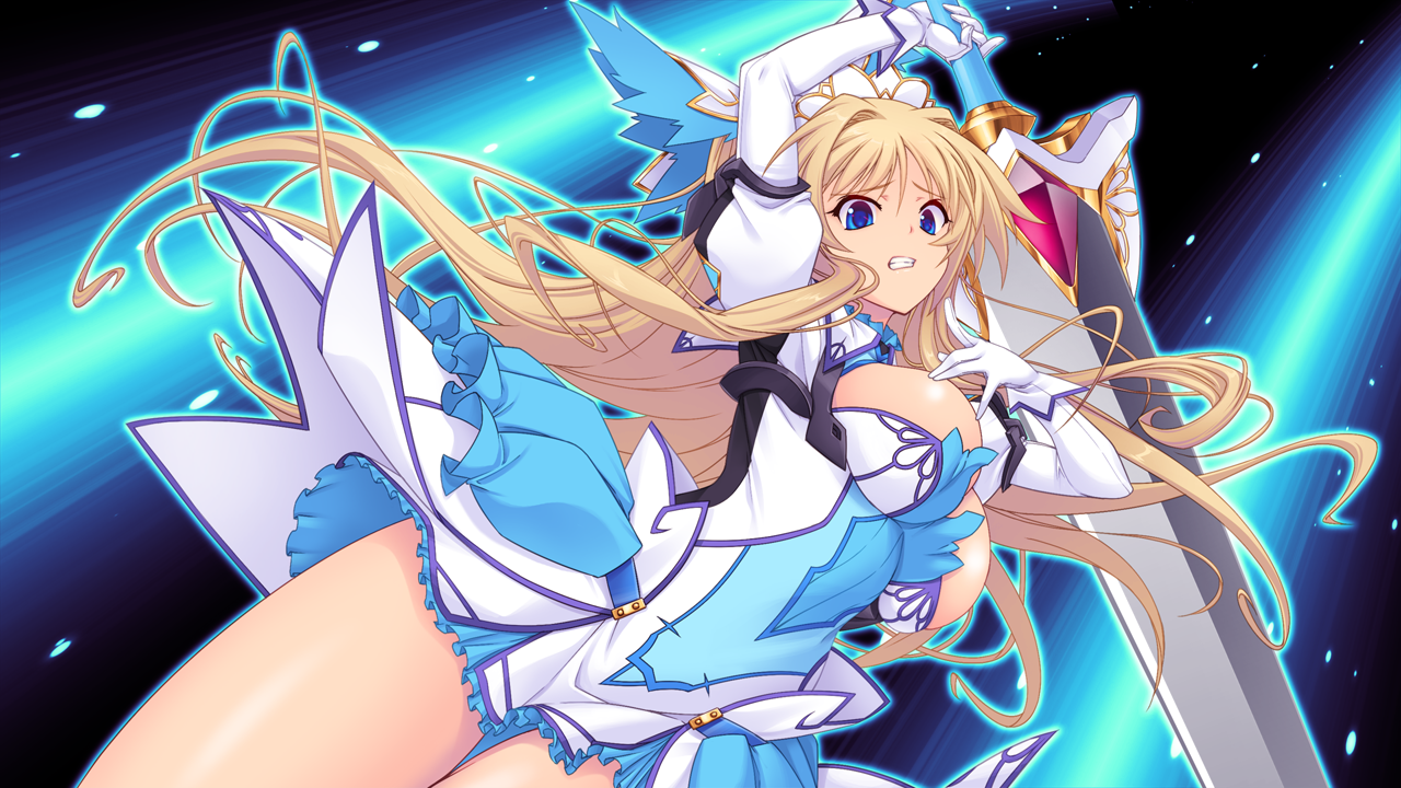 saitou natsuki, suhamaya, erika la etienne, kourin tenshi en ciel rena, game cg, large variant set, non-web source, official art, variant set, 1girl, arm up, armor, armored dress, blonde hair, blue dress, blue eyes, breasts, cleavage, clenched teeth, cowboy shot, dress, dutch angle, elbow gloves, floating hair, frills, gloves, hair between eyes, holding, holding sword, holding weapon, huge weapon, juliet sleeves, large breasts, long hair, long sleeves, looking at viewer, magical girl, puffy sleeves, short dress, skirt, solo, sword, teeth, thighs, very long hair, weapon, white gloves