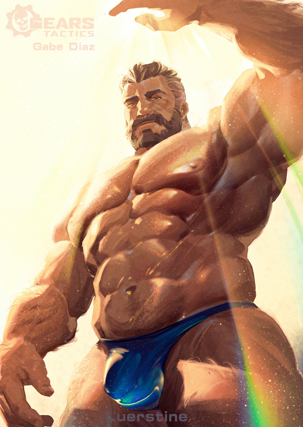 luerstine, gears of war, highres, abs, arm over head, artist name, bara, beard, blue thong, brown hair, bulge, connected beard, facial hair, gabriel diaz, male focus, muscular, muscular male, navel, nipples, pectorals, sunlight, thong