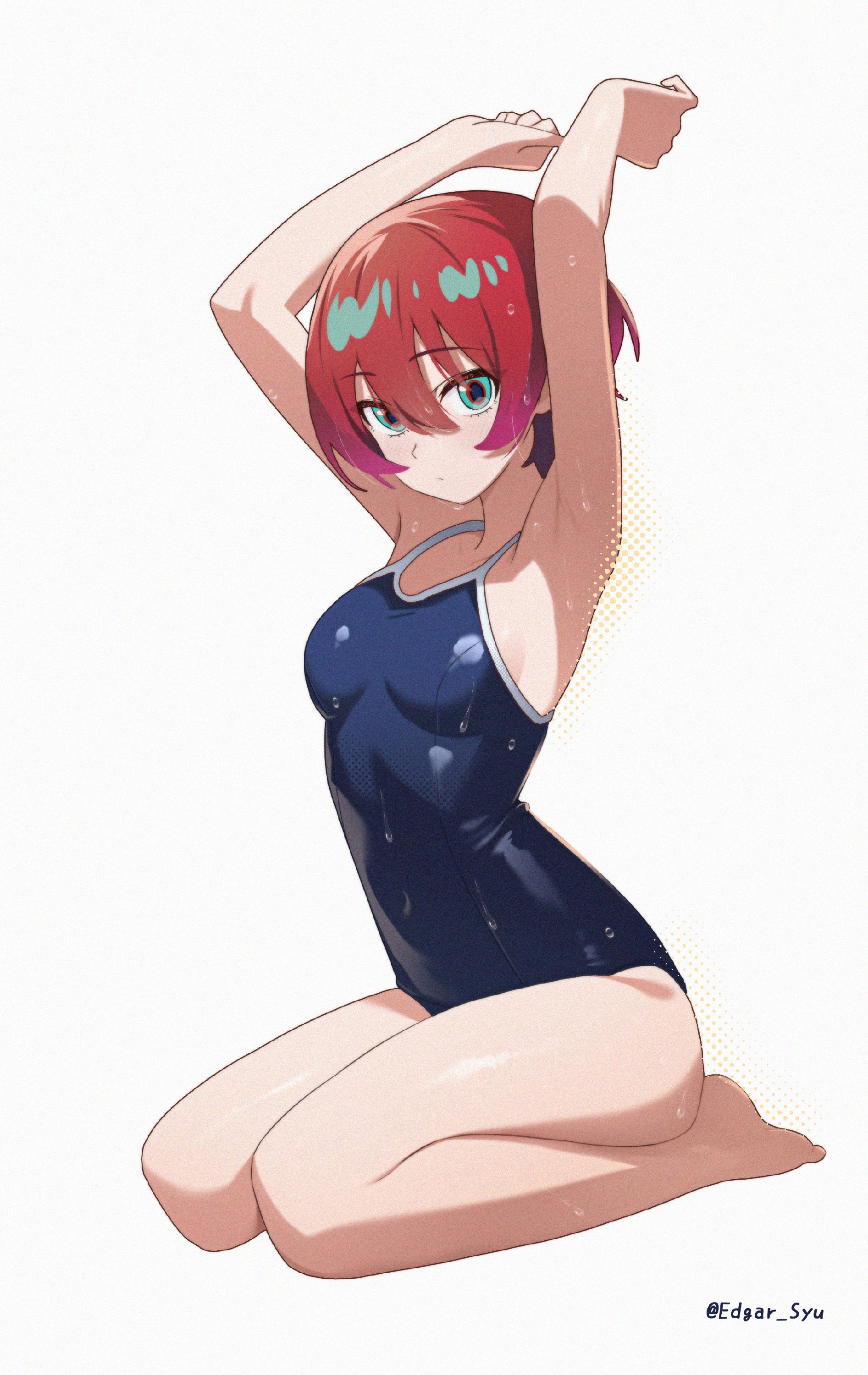 edgar syu, amate yuzuriha, gundam, gundam gquuuuuux, absurdres, commentary request, highres, 1girl, aqua eyes, armpits, arms up, artist name, bare legs, bare shoulders, barefoot, breasts, closed mouth, full body, hair between eyes, looking at viewer, medium breasts, one-piece swimsuit, presenting armpit, red hair, school swimsuit, seiza, short hair, simple background, sitting, solo, swimsuit, twitter username, wet, white background
