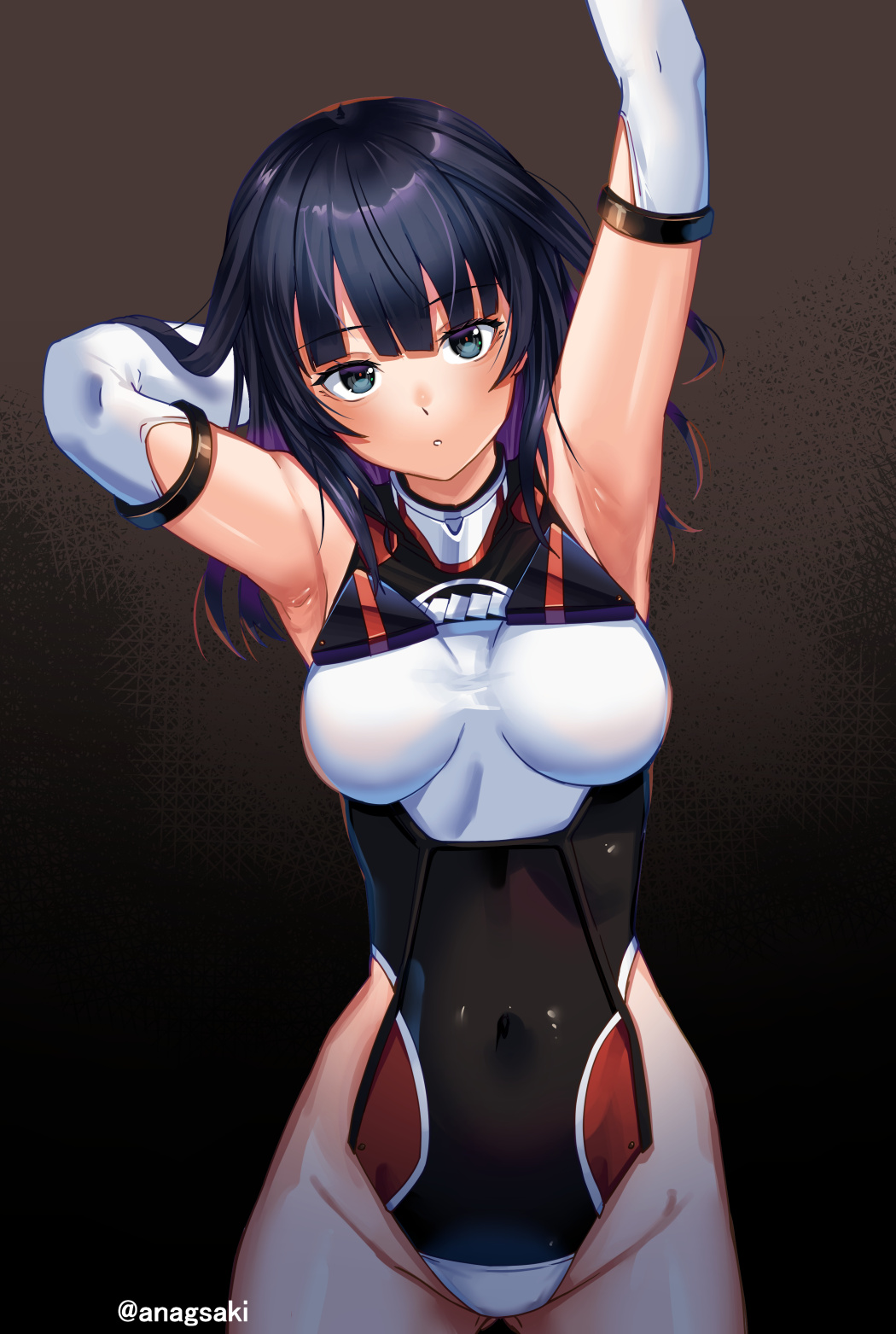 aona (anagasaki), agatsuma kaede, alice gear aegis, highres, 1girl, :o, armpits, arms up, artist name, bare shoulders, black eyes, black hair, blunt bangs, blush, breasts, covered navel, cowboy shot, elbow gloves, gloves, leotard, long hair, looking at viewer, medium breasts, parted lips, solo, standing, straight-on, thighs, watermark, white gloves, white leotard