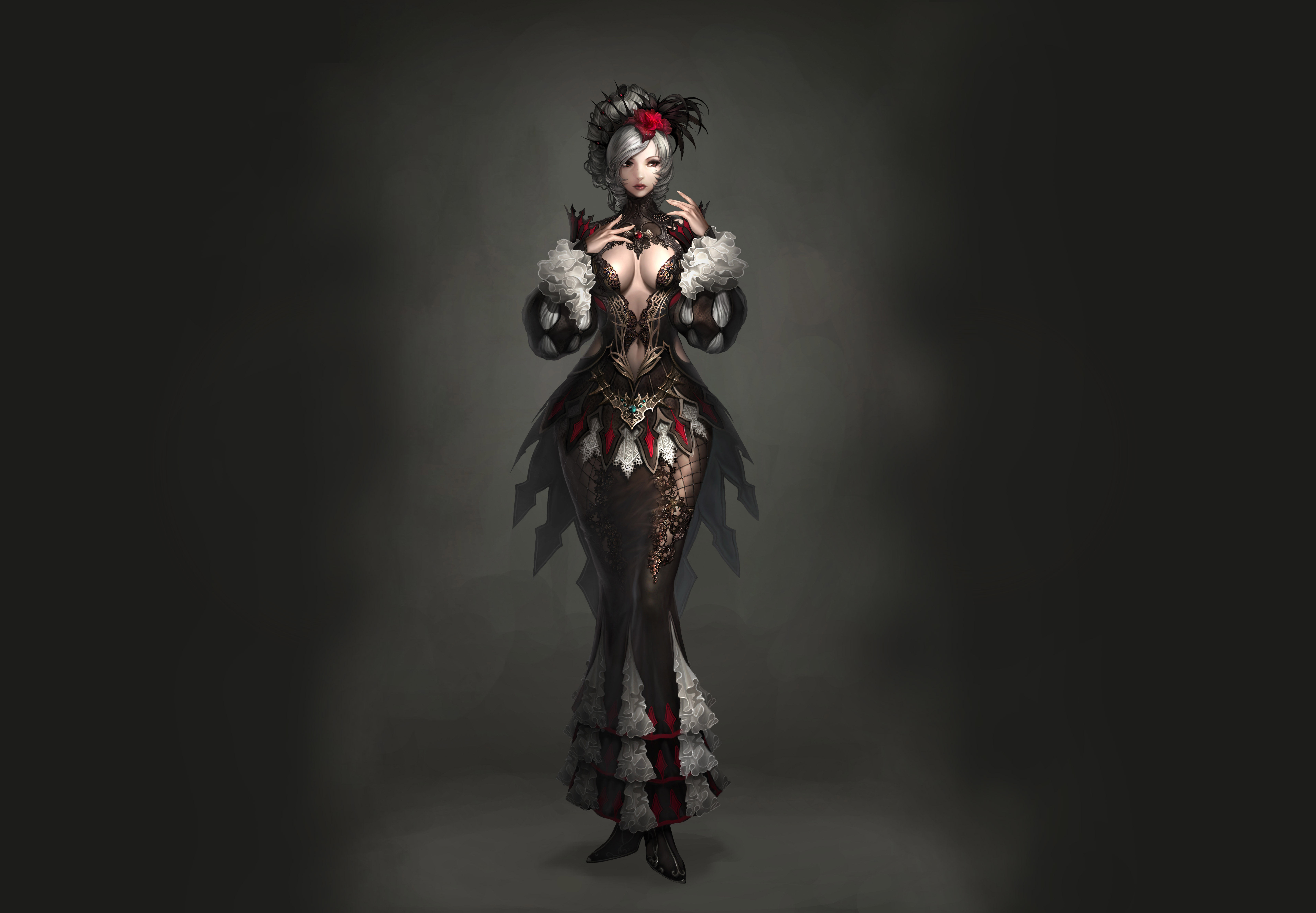 isabel (atlantica online), atlantica online, absurdres, highres, source request, 1girl, breasts, cleavage, cleavage cutout, clothing cutout, drill hair, female focus, frills, gradient background, grey hair, hip focus, hobble dress, long dress, orange eyes, princess, solo, standing, wide hips