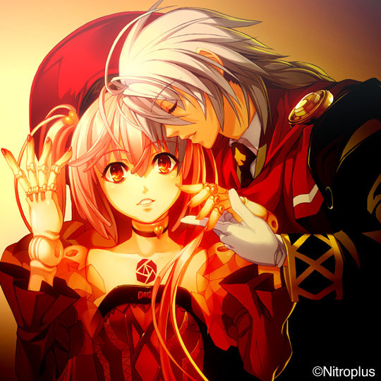 nishii (damnedrive), another blood, daijuuji kuzaku, demonbane, nitroplus, silver hair, 00s, 1boy, 1girl, choker, closed eyes, doll joints, gloves, hat, hetero, holding hands, joints, nail polish, pink hair, red eyes, red nails, short hair, tattoo