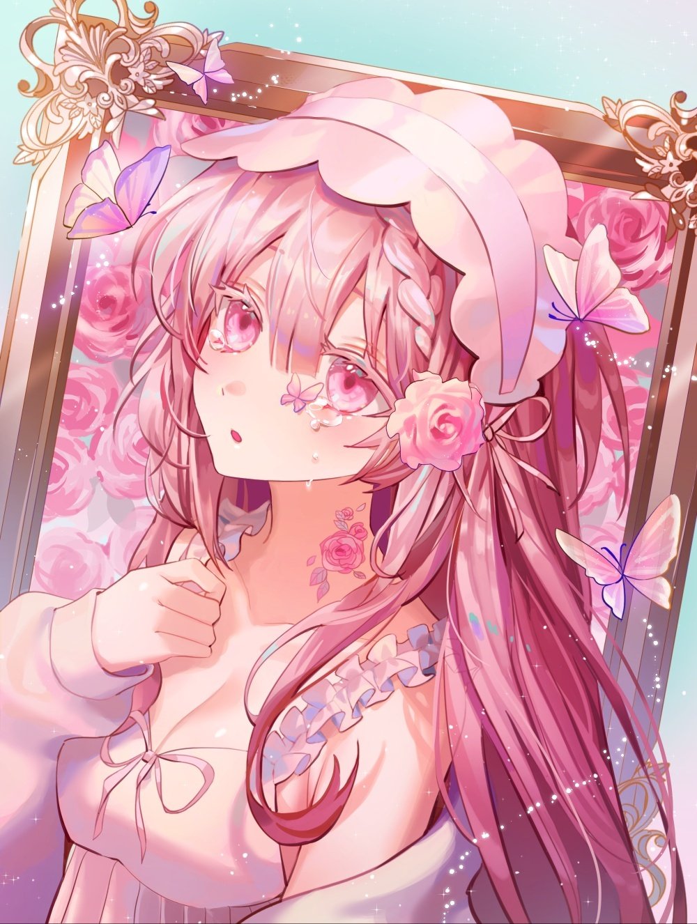 original, highres, 1girl, armpit crease, blunt bangs, bow, braid, breasts, bug, butterfly, cleavage, collarbone, colored eyelashes, flower, frills, hair bow, hair flower, hair ornament, hand up, insect, long hair, long sleeves, looking at viewer, parted lips, picture frame, pink eyes, pink flower, pink hair, pink rose, rose, sparkle, tears, yp1091