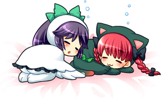 mochiya marosuke, kaenbyou rin, reiuji utsuho, touhou, lowres, 2girls, :3, animal ears, braid, cat ears, cat girl, chibi, female focus, multiple girls, ribbon, sleeping, white background