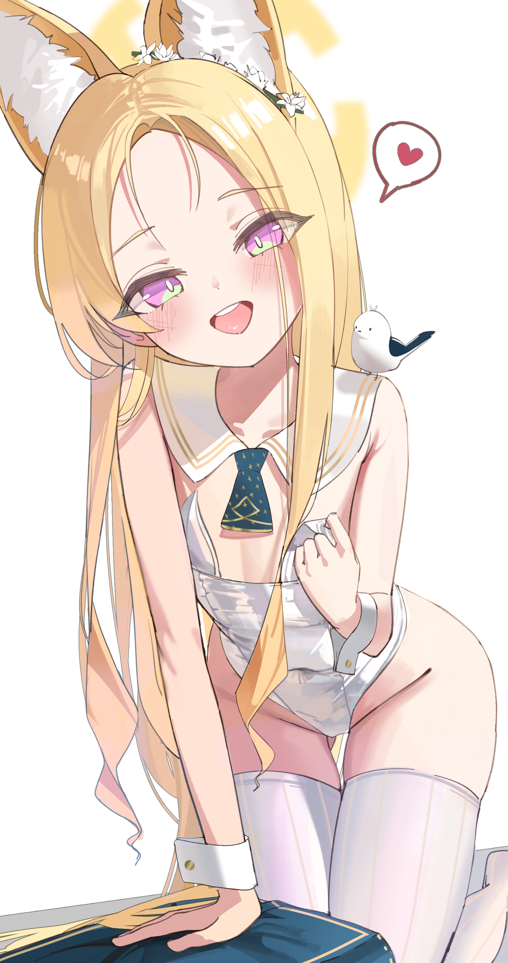 siopon12, seia (blue archive), blue archive, absurdres, highres, 1girl, animal, animal ear fluff, animal ears, animal on shoulder, bird, bird on shoulder, blonde hair, blush, breasts, detached collar, flower, fox ears, fox girl, gluteal fold, green necktie, groin, hair flower, hair ornament, halo, heart, kneeling, leotard, long hair, looking at viewer, necktie, open mouth, purple eyes, small breasts, solo, spoken heart, thighhighs, very long hair, white background, white leotard, white thighhighs, wrist cuffs, yellow halo