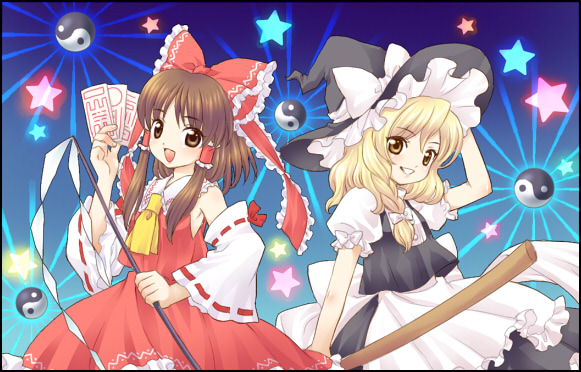 mochiya marosuke, hakurei reimu, kirisame marisa, touhou, 2girls, blonde hair, bow, braid, broom, brown eyes, brown hair, female focus, gohei, gradient background, hair bow, hand on headwear, hat, japanese clothes, miko, multiple girls, ofuda, ribbon, skirt, star (symbol), witch, witch hat, yellow eyes, yin yang