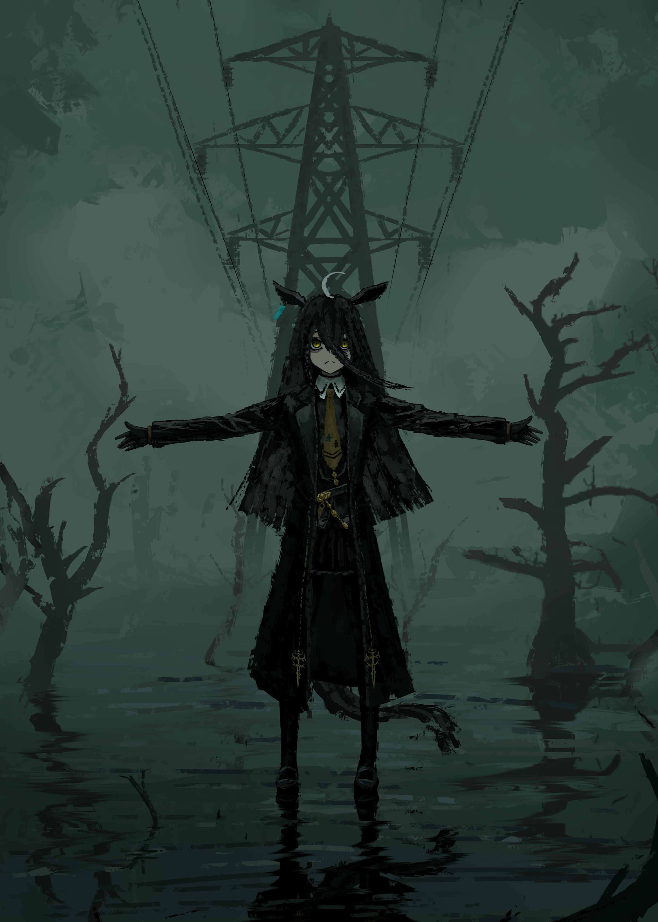 thefatum, manhattan cafe (creeping black) (umamusume), manhattan cafe (umamusume), umamusume, absurdres, highres, 1girl, animal ears, arms up, bare tree, belt, black belt, black coat, black gloves, black hair, black pantyhose, black shirt, black skirt, coat, collared shirt, contrast collar, dog, gloves, hair between eyes, horse ears, horse girl, horse tail, long hair, long hair between eyes, long sleeves, multicolored hair, necktie, outdoors, pantyhose, shirt, skirt, solo, tail, transmission tower, tree, very long hair, wading, white hair, yellow necktie