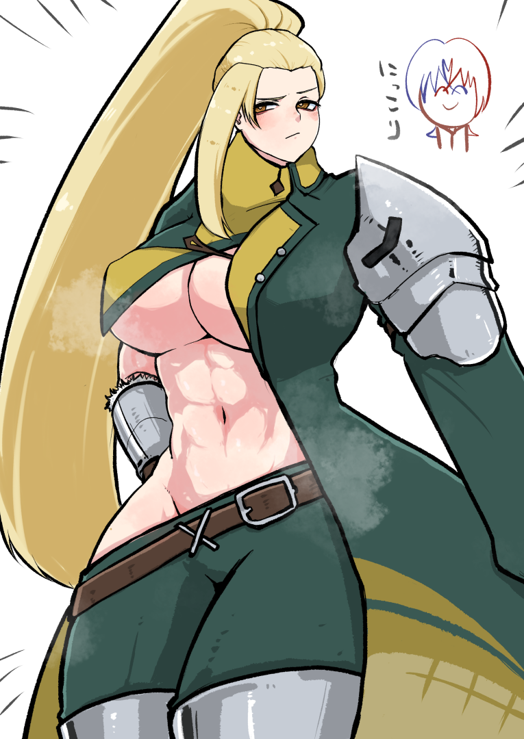 mochiri 8888, jade (fire emblem), male alear (fire emblem), fire emblem, fire emblem engage, nintendo, 1boy, 1girl, abs, blonde hair, breasts, chibi, cleavage, covered erect nipples, frown, hair slicked back, high ponytail, huge breasts, long hair, looking at viewer, navel, no bra, no panties, ponytail, smile, solo focus, steaming body, underboob, very long hair, yellow eyes