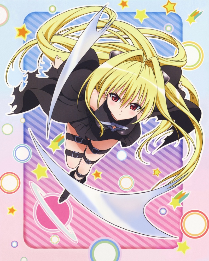 konjiki no yami, to love-ru, 00s, blonde hair, blush, long hair, prehensile hair, red eyes, solo, thigh strap