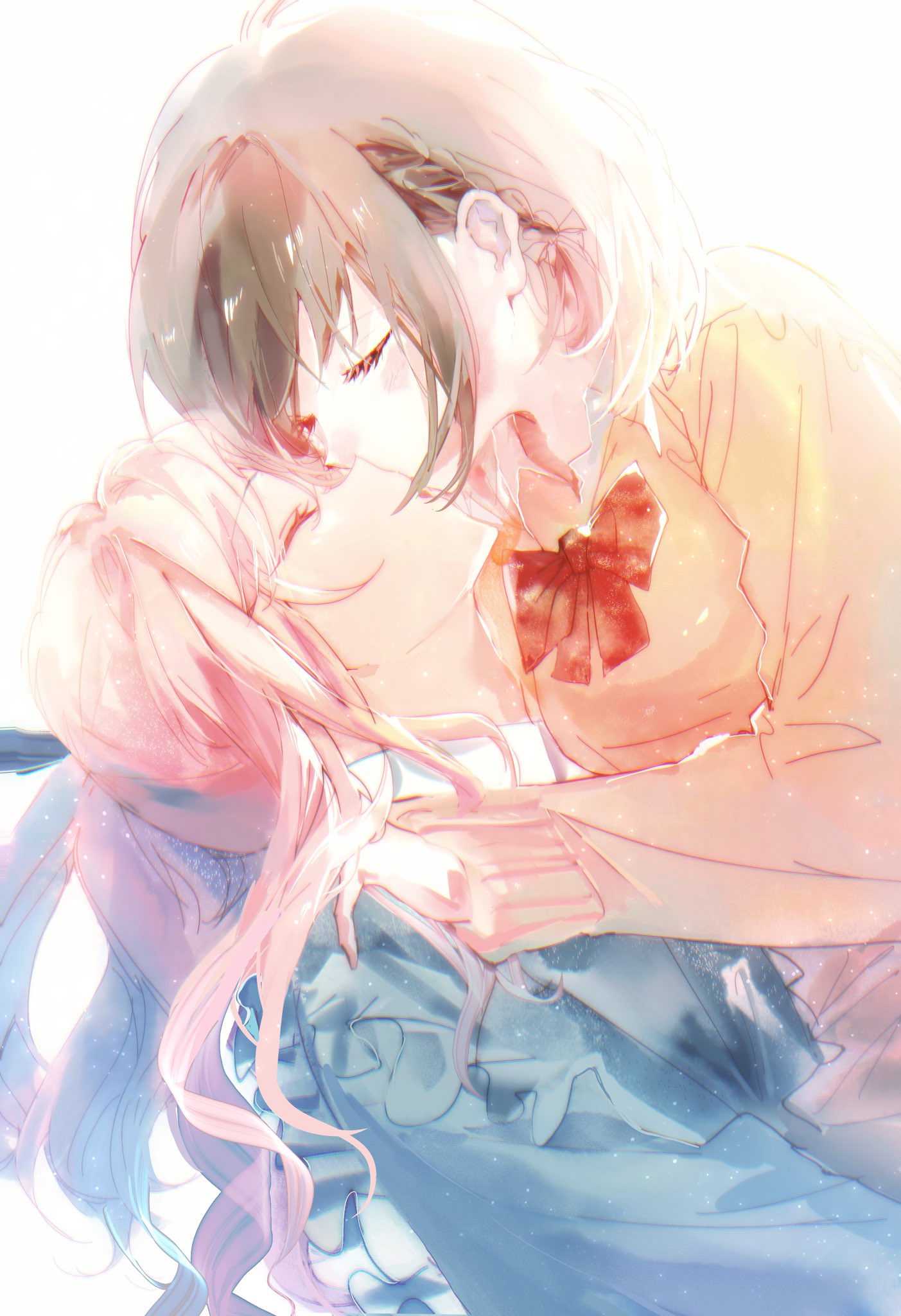 akiyama mizuki, shinonome ena, project sekai, hashtag-only commentary, highres, 2girls, blush, bow, bowtie, brown hair, closed mouth, collared shirt, hand on another's shoulder, jonna36564610, kiss, long hair, long sleeves, multiple girls, pink hair, ribbon, school uniform, shirt, short hair, side ponytail, sidelocks, simple background, white background, white shirt, yuri