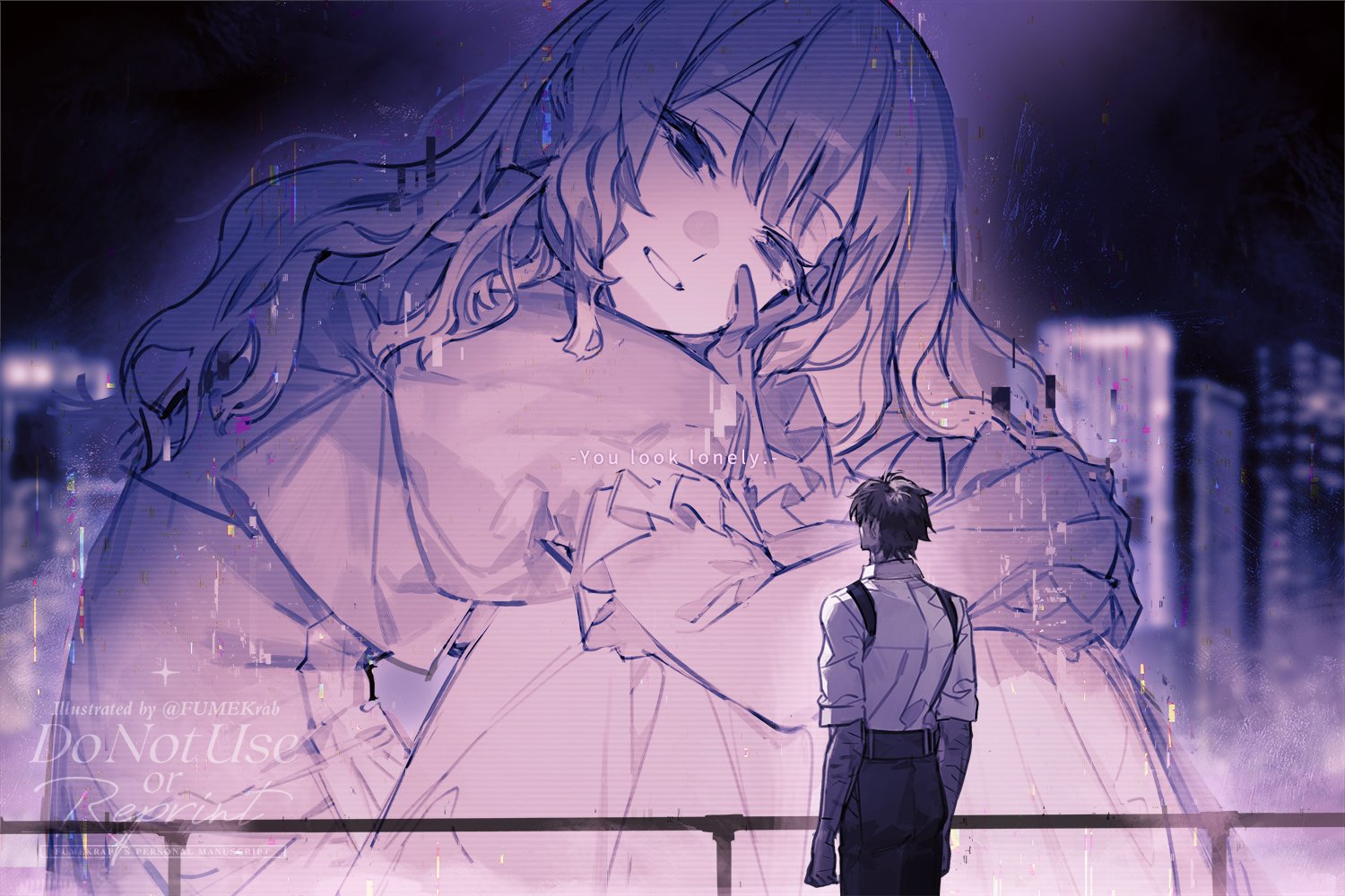 krab (fumekrab), catherine (project moon), heathcliff (project moon), blade runner (series), blade runner 2049, limbus company, project moon, 1boy, 1girl, balcony, black pants, brown hair, chest harness, collared shirt, dark-skinned male, dark skin, dress, frilled sleeves, frills, harness, hologram, juliet sleeves, long hair, long sleeves, meme, pants, parted lips, puffy sleeves, purple theme, shirt, white shirt, you look lonely (meme)