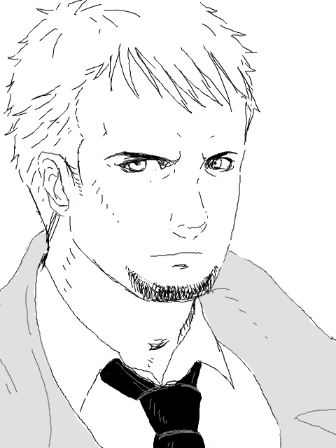 kyle hyde, cing, hotel dusk, 1boy, beard, closed mouth, collared shirt, facial hair, greyscale, looking at viewer, male focus, monochrome, necktie, portrait, shirt, simple background, smile, solo, thick thighs, thighs, upper body, white background, wing collar