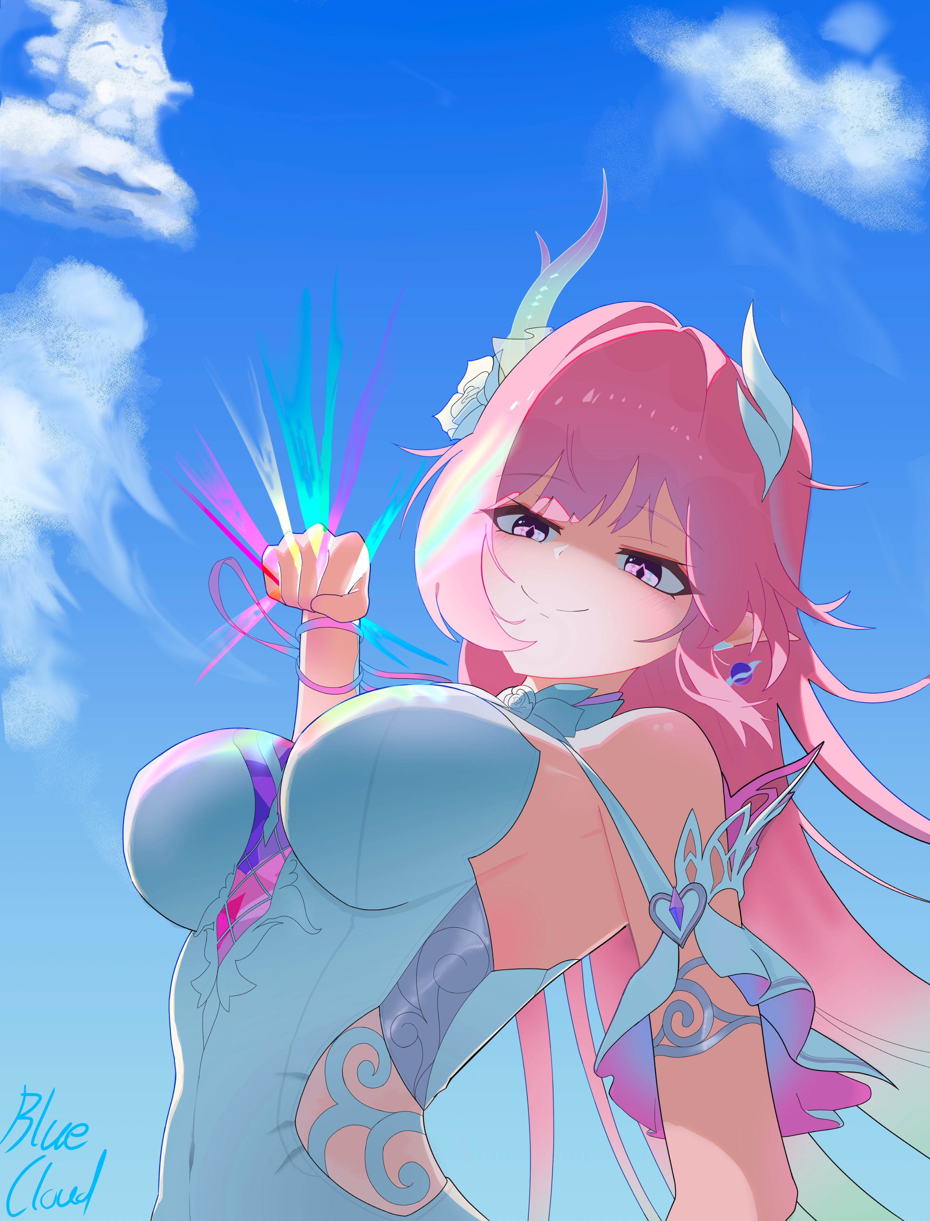 bluecloud137, cyrene (honkai: star rail), cyrene (ripples of past reverie) (honkai: star rail), honkai: star rail, honkai (series), absurdres, commentary, highres, symbol-only commentary, 1girl, artist name, blue sky, breasts, clenched hand, cloud, dress, earrings, imminent punch, jewelry, large breasts, long hair, partially shaded face, pink hair, purple eyes, sky, smile, solo, very long hair, white dress
