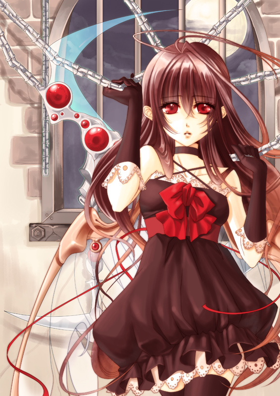 okuma mai, original, bad id, bad pixiv id, bow, brown hair, chain, choker, elbow gloves, gloves, red eyes, solo, thighhighs