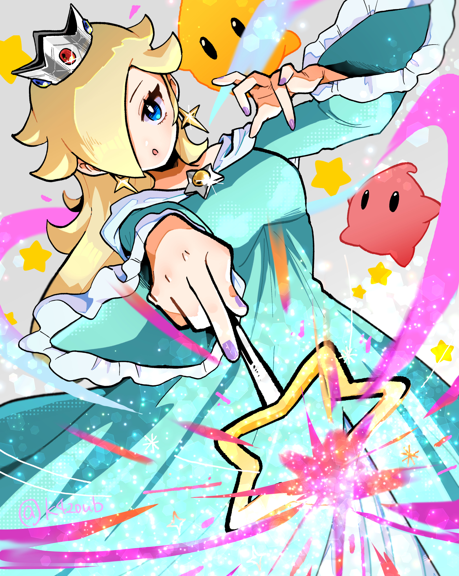hanimitsu (bisko), luma (mario), rosalina, mario (series), nintendo, highres, 1girl, :o, blonde hair, blue dress, blue eyes, brooch, crown, dress, earrings, hair over one eye, holding, holding wand, jewelry, long hair, long sleeves, looking at viewer, open mouth, purple nails, red luma, star (symbol), star brooch, star earrings, wand