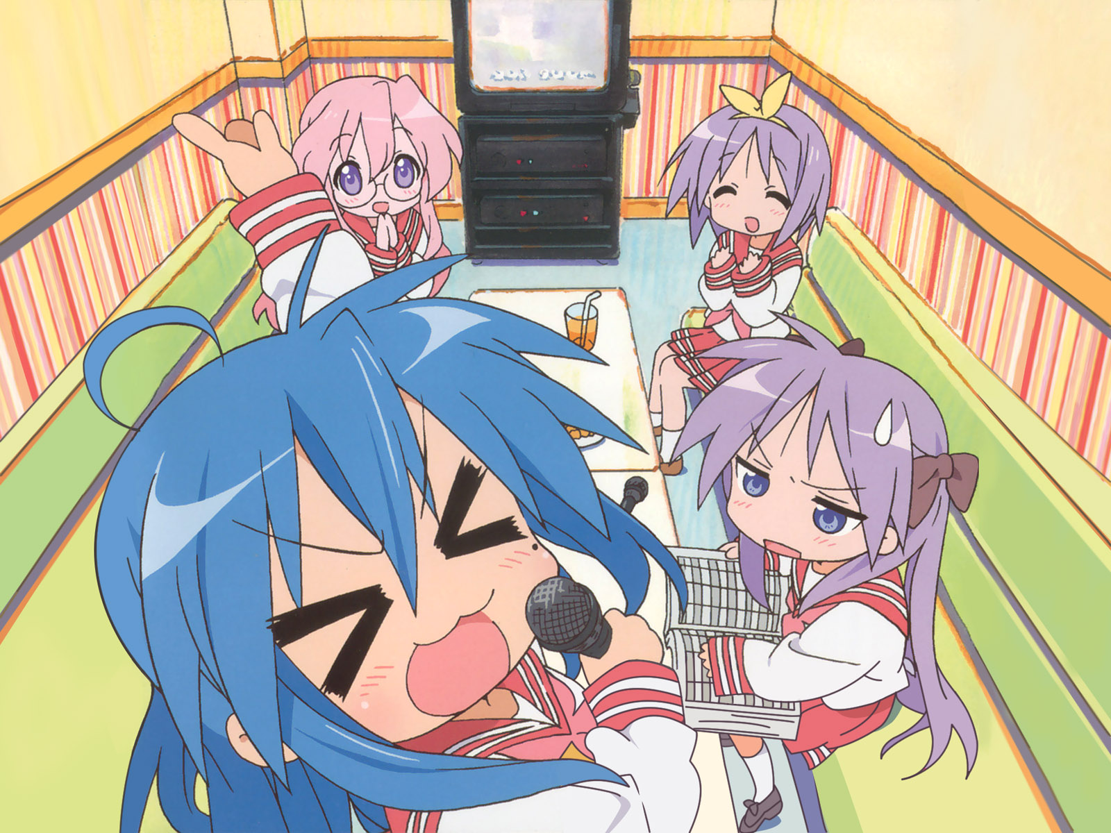 hiiragi kagami, hiiragi tsukasa, izumi konata, takara miyuki, lucky star, highres, official art, > <, 00s, 4girls, ahoge, closed eyes, karaoke, mole, mole under eye, multiple girls, sisters, sitting, twins