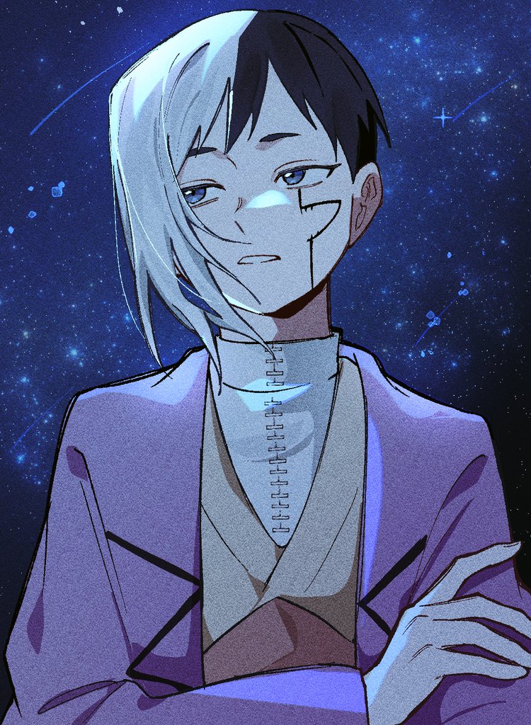 0a 9 (pixiv82791714), asagiri gen, dr. stone, 1boy, black hair, blue eyes, cracked skin, jacket, long sleeves, looking to the side, male focus, multicolored hair, night, night sky, parted lips, purple jacket, shirt, short hair, sky, solo, split-color hair, star (sky), starry sky, two-tone hair, upper body, white hair, white shirt