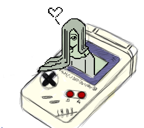 yamamura sadako, the ring, lowres, bare shoulders, game boy, game boy (original), hair over one eye, handheld game console, heart, long hair, pixel art, very long hair