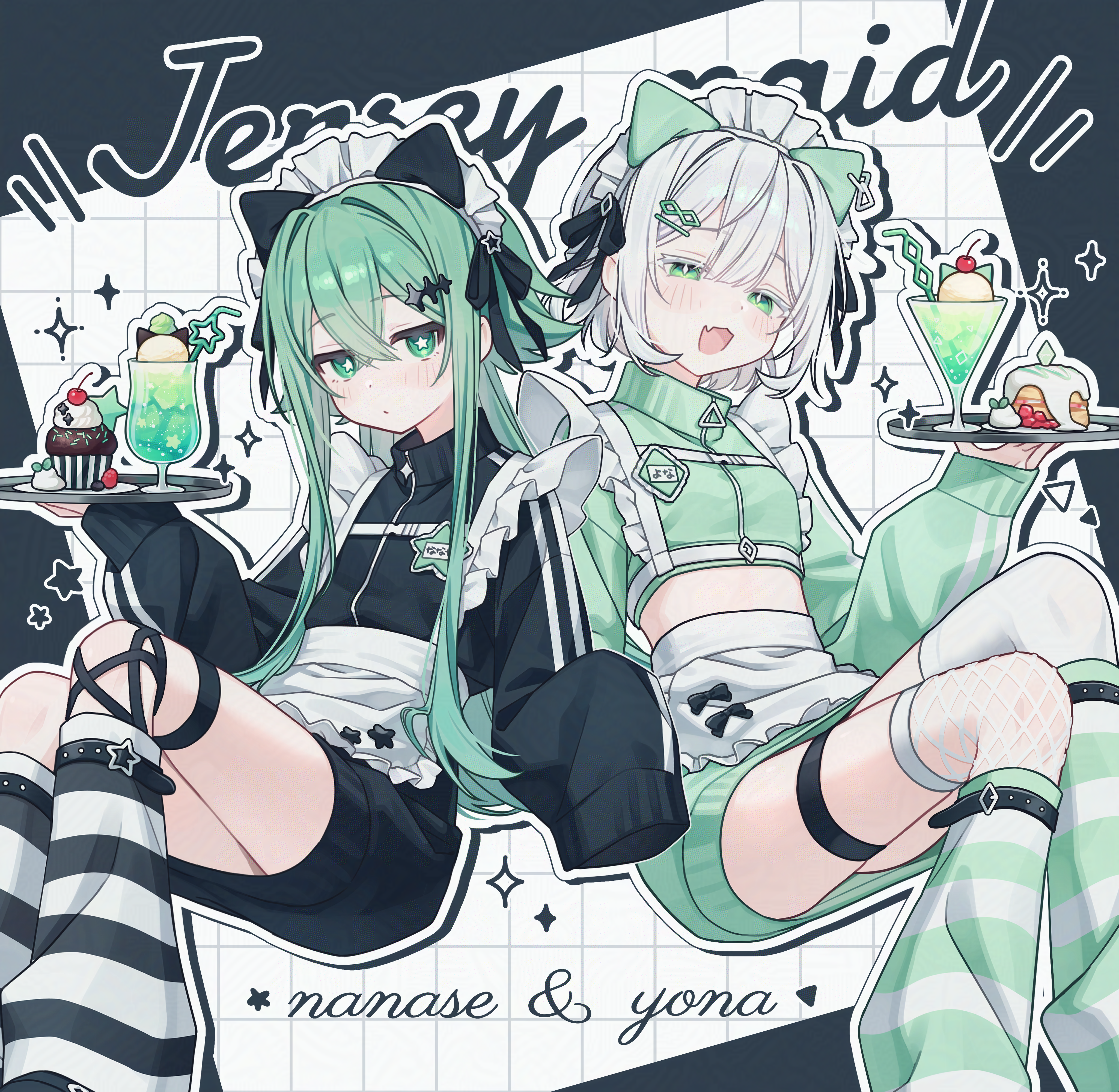 namin (anjpzaobmhbppxs), original, absurdres, highres, 2girls, apron, black jacket, blush, character name, closed mouth, cropped jacket, cupcake, food, green eyes, green hair, green shorts, grid background, hair between eyes, hair ornament, hairclip, high collar, holding, holding tray, ice cream, ice cream float, invisible chair, jacket, jersey maid, leg warmers, long hair, long sleeves, looking at viewer, maid, maid apron, maid headdress, multiple girls, nanase (namin), open mouth, shorts, sitting, sleeves past fingers, sleeves past wrists, smile, star (symbol), star in eye, striped leg warmers, symbol in eye, tray, unconventional maid, white hair