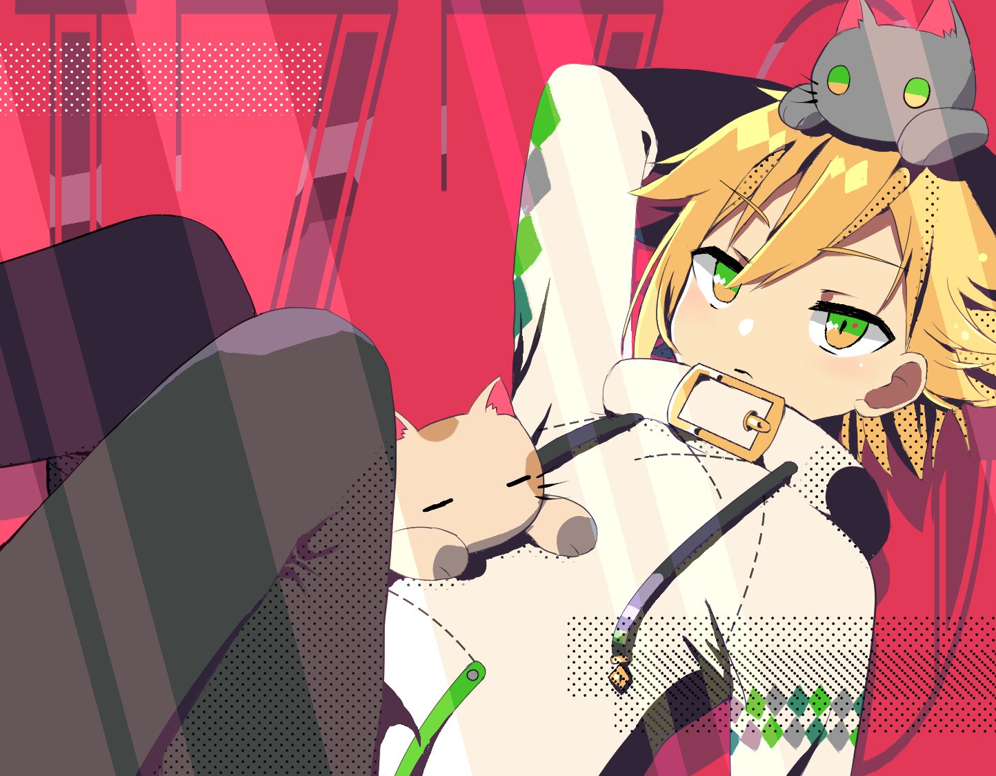 uzuki kou, uzuki kou (2nd costume), nijisanji, 1boy, animal, animal on head, blonde hair, cat, cat on chest, cat on head, closed mouth, drawstring, dutch angle, feet out of frame, flipped hair, green eyes, green hoodie, grey pants, hair between eyes, hand on own head, hood, hood down, hoodie, long sleeves, lying, male focus, on back, on head, one surprise, pants, polka dot, polka dot hoodie, red background, short hair, sidelocks, solo, two-sided fabric, virtual youtuber, white hoodie