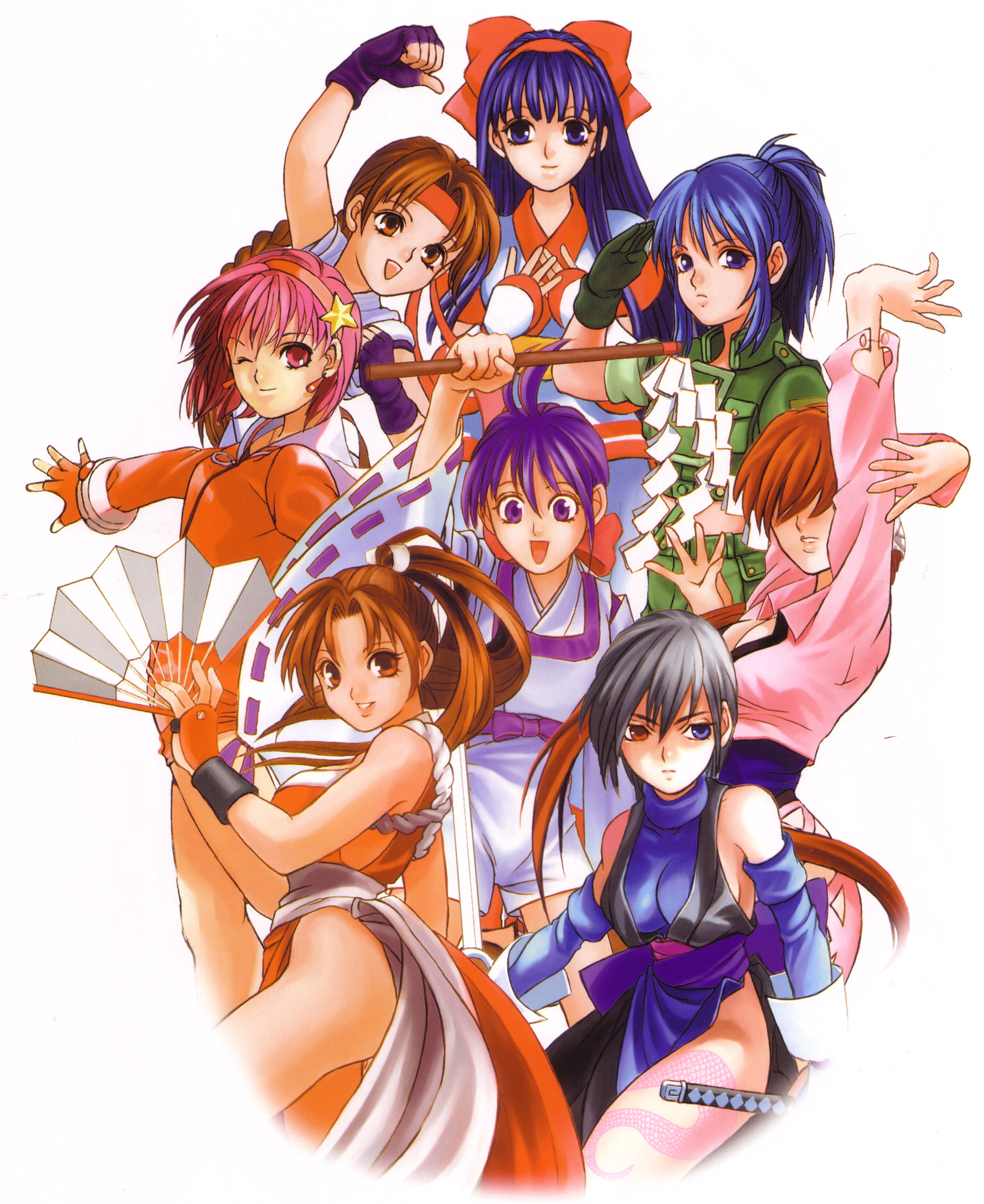asamiya athena, ichijou akari, leona heidern, nakoruru, shermie (kof), shiki (samurai spirits), shiranui mai, yuri sakazaki, bakumatsu rouman, capcom, fatal fury, ryuuko no ken, samurai spirits, snk, snk gals fighters, the king of fighters, the king of fighters '99, absurdres, highres, official art, 6+girls, ahoge, ainu clothes, blue eyes, blue hair, bow, braid, brown eyes, brown hair, chibi, crossover, everyone, fingerless gloves, folding fan, gloves, hair bow, hair over eyes, hairband, hand fan, heterochromia, japanese clothes, long hair, miko, multiple crossover, multiple girls, one eye closed, onmyouji, pelvic curtain, ponytail, purple eyes, purple hair, red bow, red hairband, rope, short hair, single braid, smile, sword, tattoo, twintails, very short hair, weapon, wink