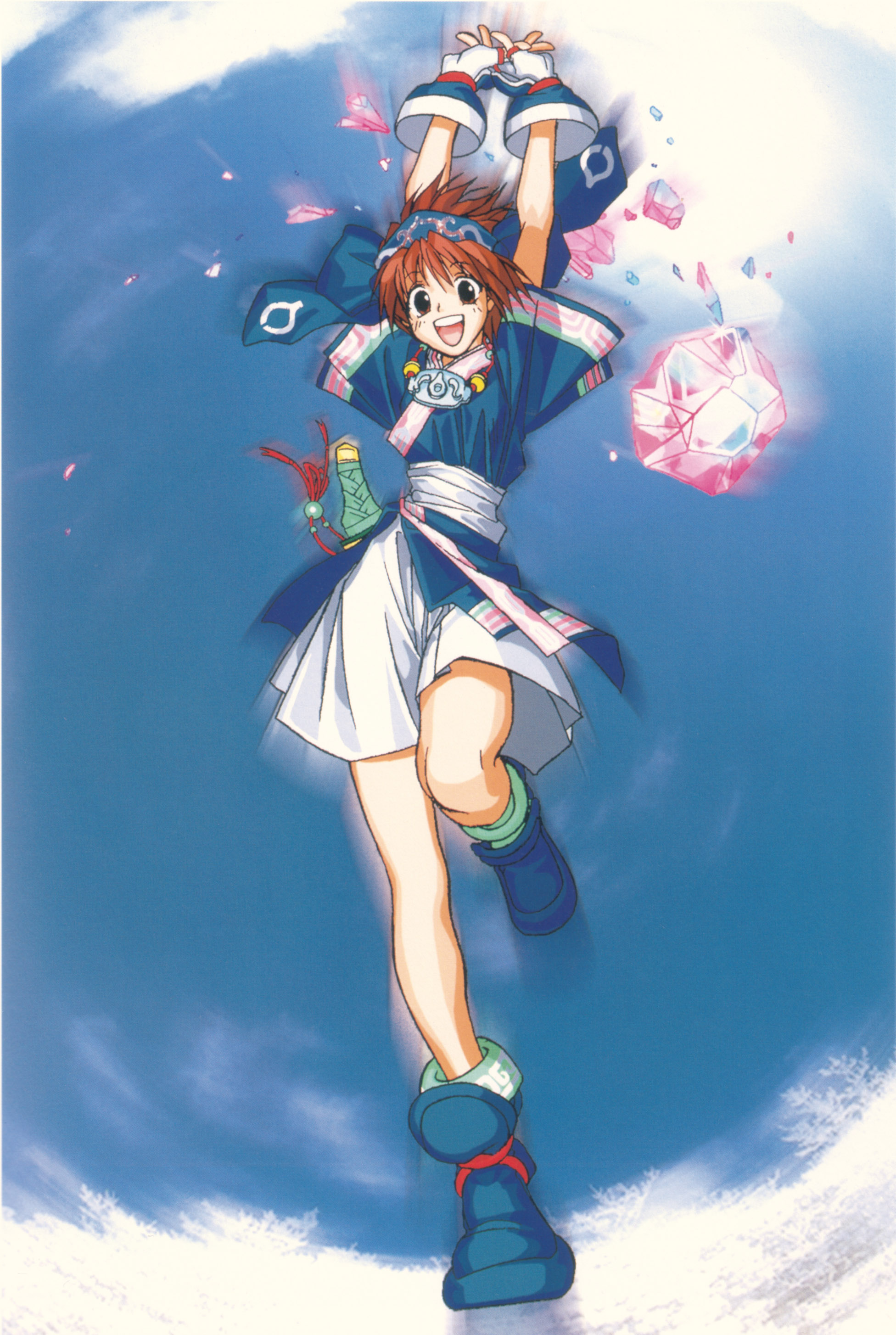 rimururu, samurai spirits, snk, absurdres, highres, scan, 1girl, brown hair, female focus, hairband, short hair, shorts, smile, solo, white shorts