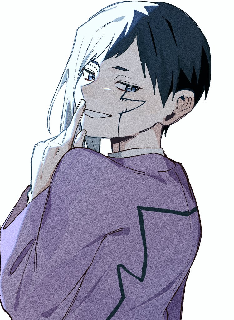 0a 9 (pixiv82791714), asagiri gen, dr. stone, 1boy, asymmetrical hair, black hair, blue eyes, finger to mouth, grey eyes, grin, hand up, index finger raised, jacket, long sleeves, looking at viewer, looking back, male focus, multicolored hair, purple jacket, shirt, short hair, shushing, smile, solo, split-color hair, upper body, white background, white hair, white shirt