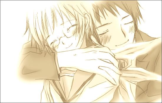 kyon, nagato yuki, suzumiya haruhi no yuuutsu, 00s, blush, glasses, hug, monochrome, school uniform, short hair, smile, tears