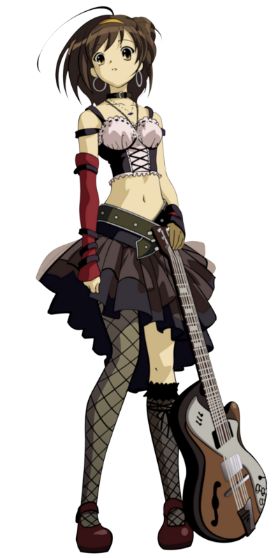 suzumiya haruhi, suzumiya haruhi no yuuutsu, 00s, 1girl, belt, black socks, brown eyes, brown hair, cross, detached sleeves, earrings, female focus, fishnets, full body, guitar, instrument, jewelry, kneehighs, midriff, short hair, simple background, socks, solo