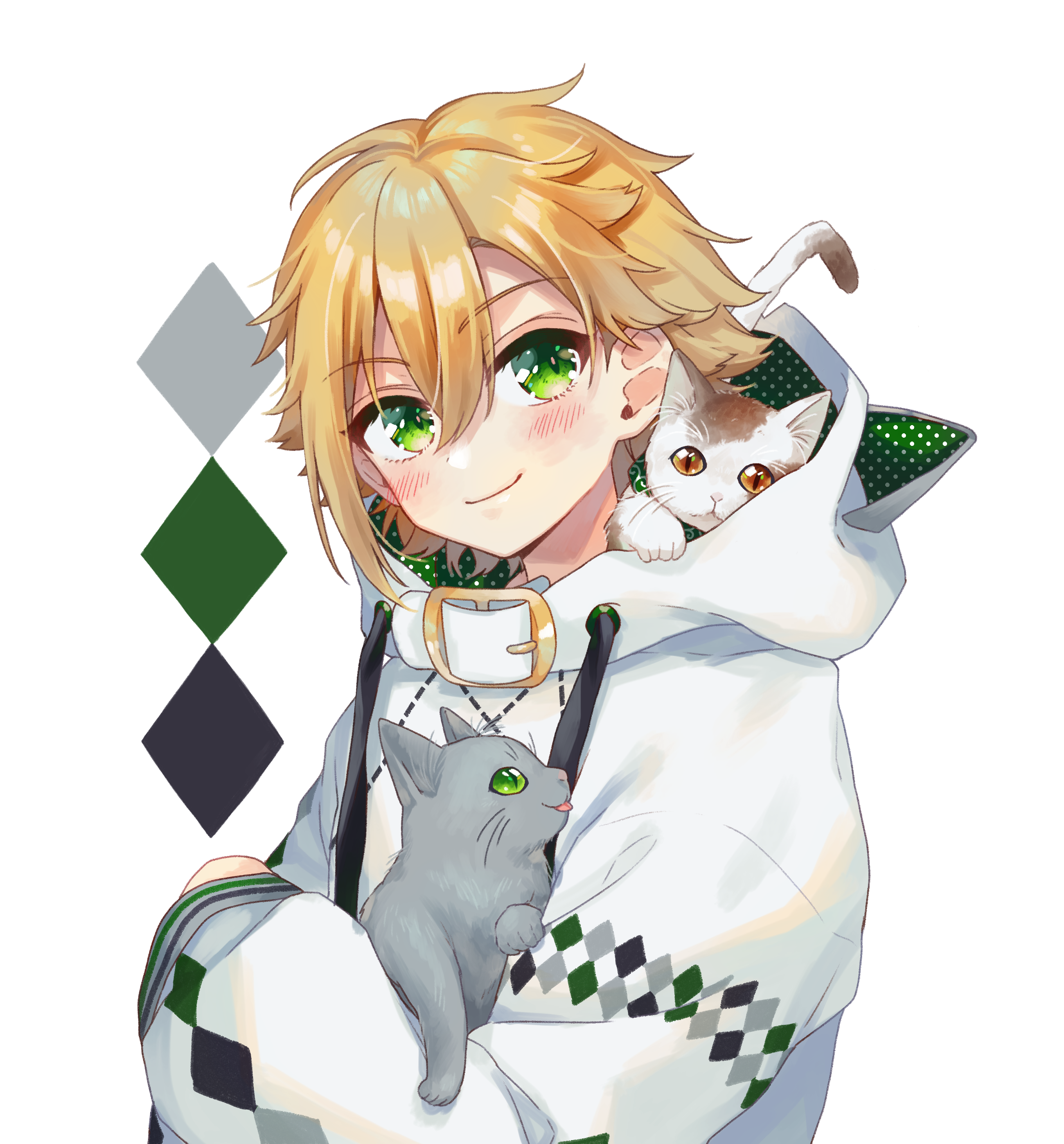 hina (hinalovesugita), uzuki kou, uzuki kou (2nd costume), nijisanji, absurdres, highres, variant set, 1boy, animal, animal ears, animal hood, animal on shoulder, blonde hair, blush, cat, cat ears, cat hood, cat on shoulder, closed mouth, drawstring, fake animal ears, flipped hair, from side, green eyes, green hoodie, hair between eyes, holding, holding animal, holding cat, hood, hood down, hoodie, long sleeves, looking at viewer, male focus, polka dot, polka dot hoodie, short hair, sidelocks, smile, solo, standing, two-sided fabric, upper body, virtual youtuber, white background, white hoodie