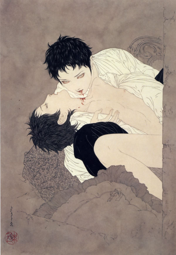 yamamoto takato, 2boys, black hair, blood, death, male focus, multiple boys, open clothes, open shirt, pale skin, shirt, short hair, spread legs, vampire, white eyes, yaoi