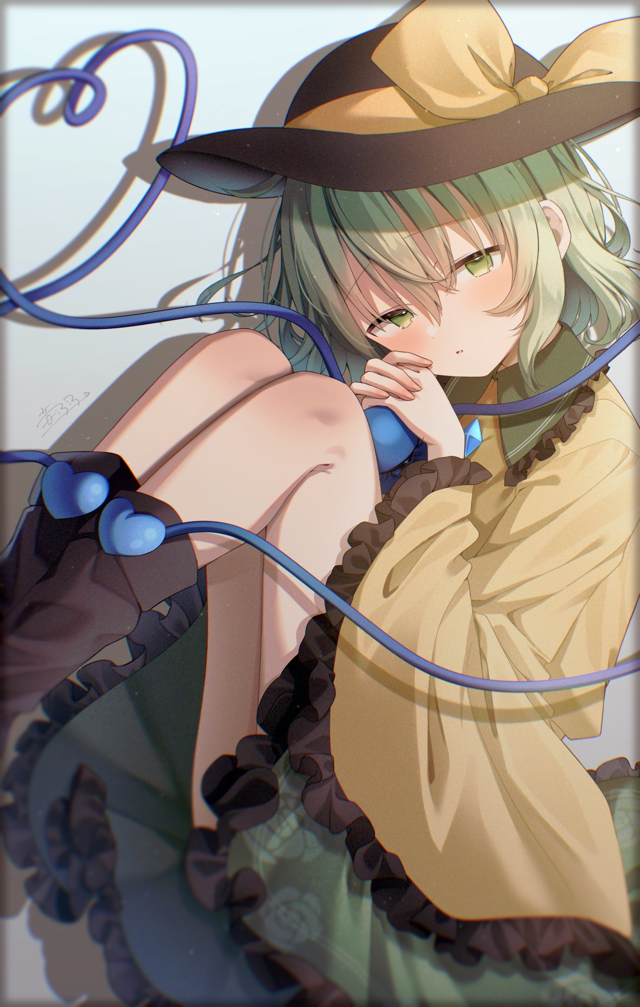 otowa (otoha4634), komeiji koishi, touhou, commentary request, highres, 1girl, :o, black hat, black shoes, buttons, diamond button, feet out of frame, floral print, frilled shirt, frilled skirt, frills, green eyes, green hair, green skirt, hat, hat ribbon, knees up, long sleeves, looking at viewer, own hands together, parted lips, print skirt, ribbon, rose print, shirt, shoes, short hair, signature, sitting, skirt, solo, third eye, white background, wide sleeves, yellow ribbon, yellow shirt