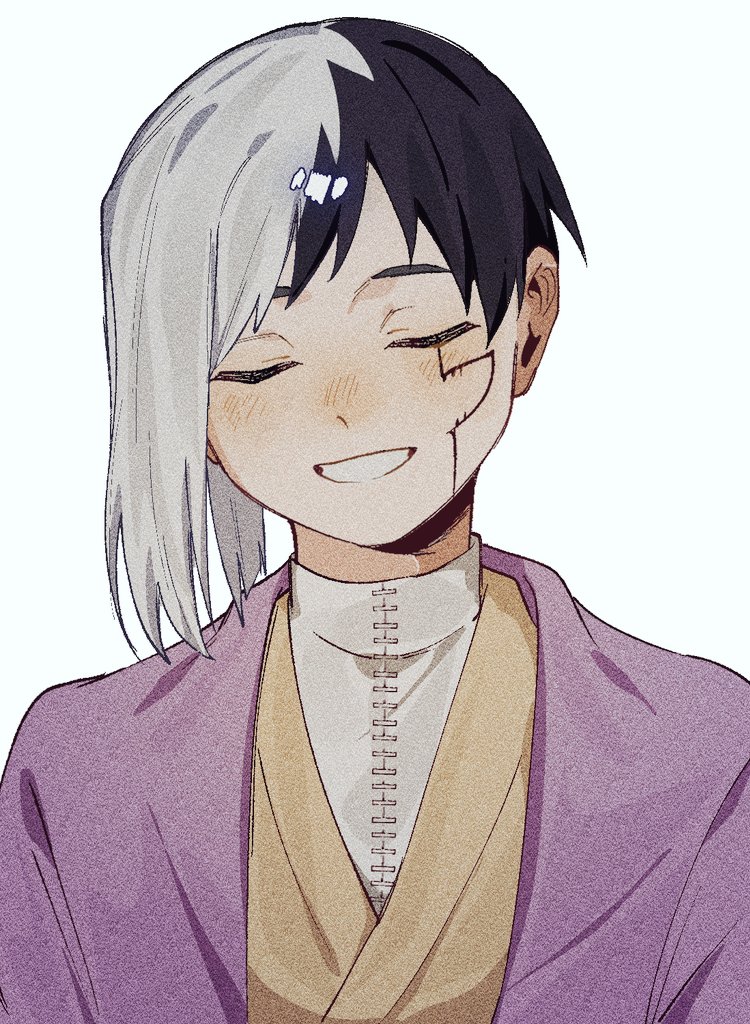 0a 9 (pixiv82791714), asagiri gen, dr. stone, 1boy, asymmetrical hair, black hair, closed eyes, film grain, grin, jacket, japanese clothes, kimono, male focus, multicolored hair, portrait, purple jacket, shirt, short hair, smile, solo, split-color hair, two-tone hair, upper body, white background, white hair, white shirt, yellow kimono
