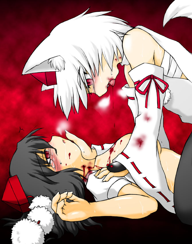 siyoyu, inubashiri momiji, shameimaru aya, touhou, 2girls, animal ears, bite mark, blood, blush, censored, convenient censoring, detached sleeves, empty eyes, female focus, hat, multiple girls, no bra, open clothes, open shirt, sarashi, shirt, tail, tears, tokin hat, tongue, vampire, wolf ears, wolf tail, yuri