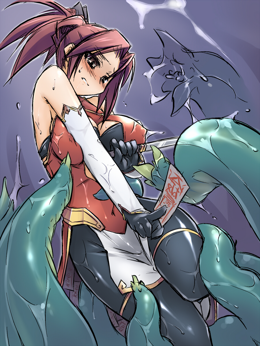 redrantem, tomoshibi hidekazu, highres, 1girl, breasts, brown hair, cleavage, female focus, imminent rape, large breasts, rape, slime (substance), solo, sword, tentacles, weapon, you gonna get raped