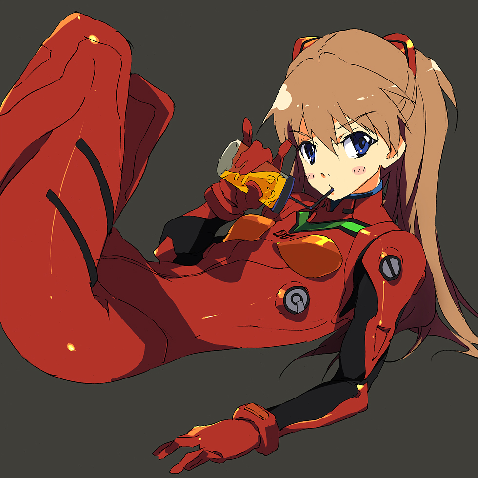 kitano yuusuke, souryuu asuka langley, neon genesis evangelion, n/, black background, blue eyes, bracer, brown hair, drinking, from side, hair between eyes, legs together, long hair, mecha pilot suit, narrow waist, plugsuit (evangelion), simple background, solo, two side up