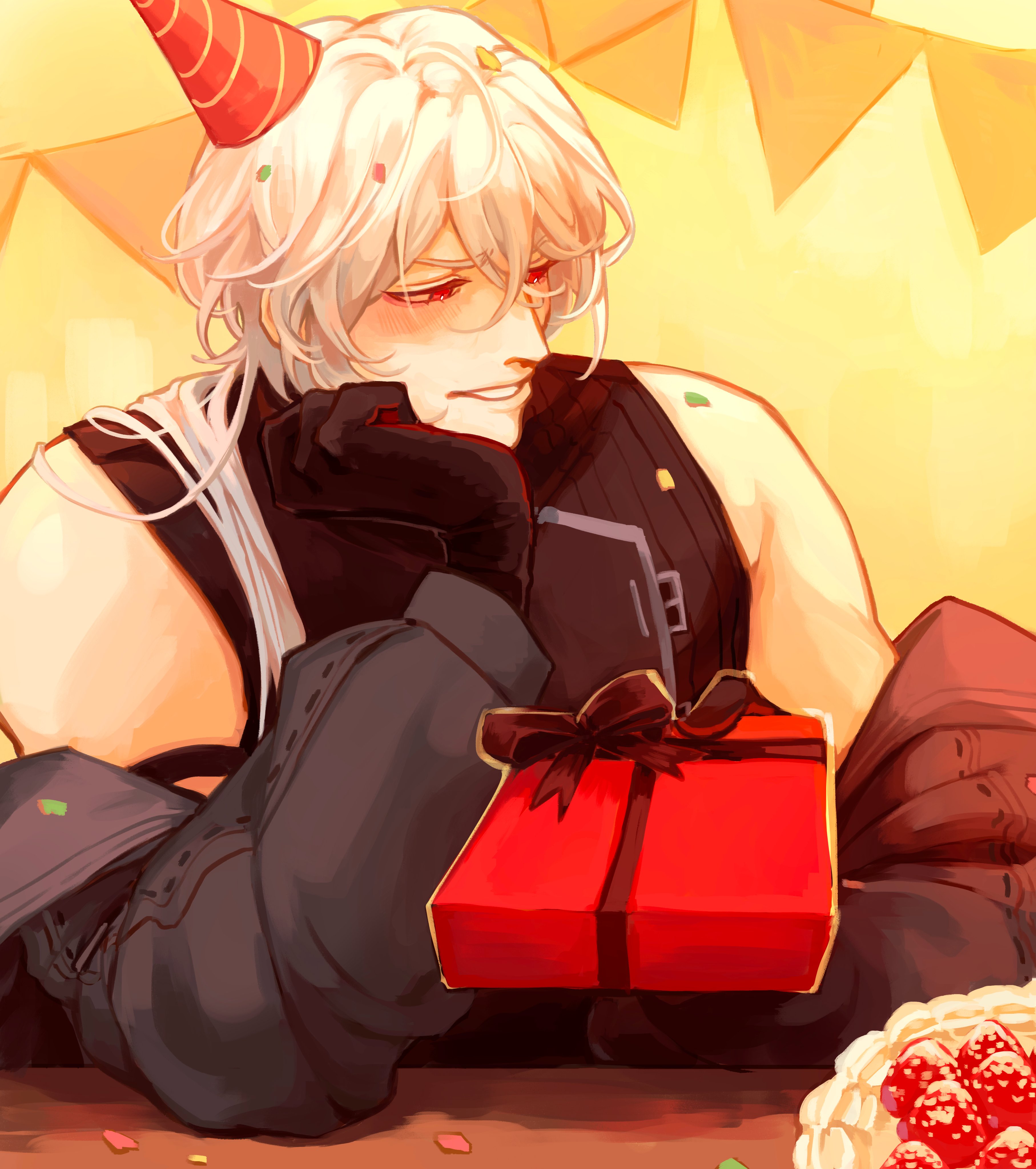 casper (a date with death), a date with death, absurdres, highres, official art, promotional art, 1boy, averting eyes, black gloves, black jacket, black shirt, bunting, confetti, elbow rest, food, fruit, gift, gloves, hair over shoulder, hand on own chin, hat, head rest, incoming gift, jacket, jacket partially removed, jellyfish cut, looking to the side, male focus, party hat, plate, red eyes, shirt, sleeveless, sleeveless shirt, solo, strawberry, upper body, white hair