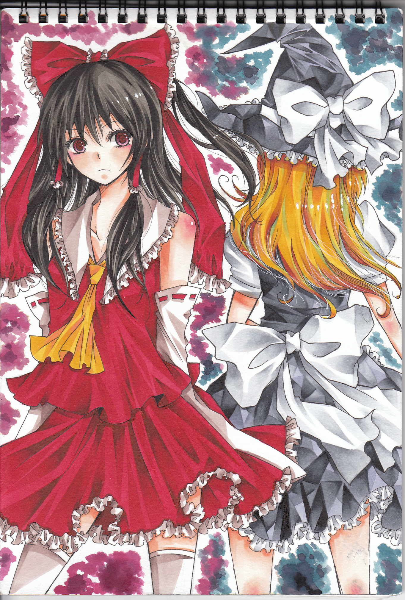 iris (riba), hakurei reimu, kirisame marisa, touhou, bad id, bad pixiv id, highres, traditional media, 2girls, black hair, blonde hair, brown hair, detached sleeves, female focus, from behind, hat, japanese clothes, long hair, miko, multiple girls, ribbon, witch, witch hat